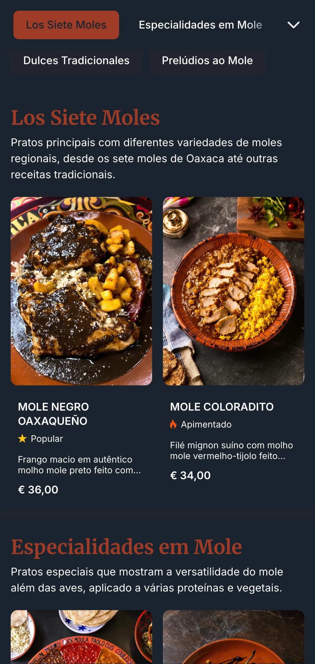 Cardápio rico e complexo que apresenta os diversos molhos mole do México, com tons profundos de terracota, preparações tradicionais e variações regionais.