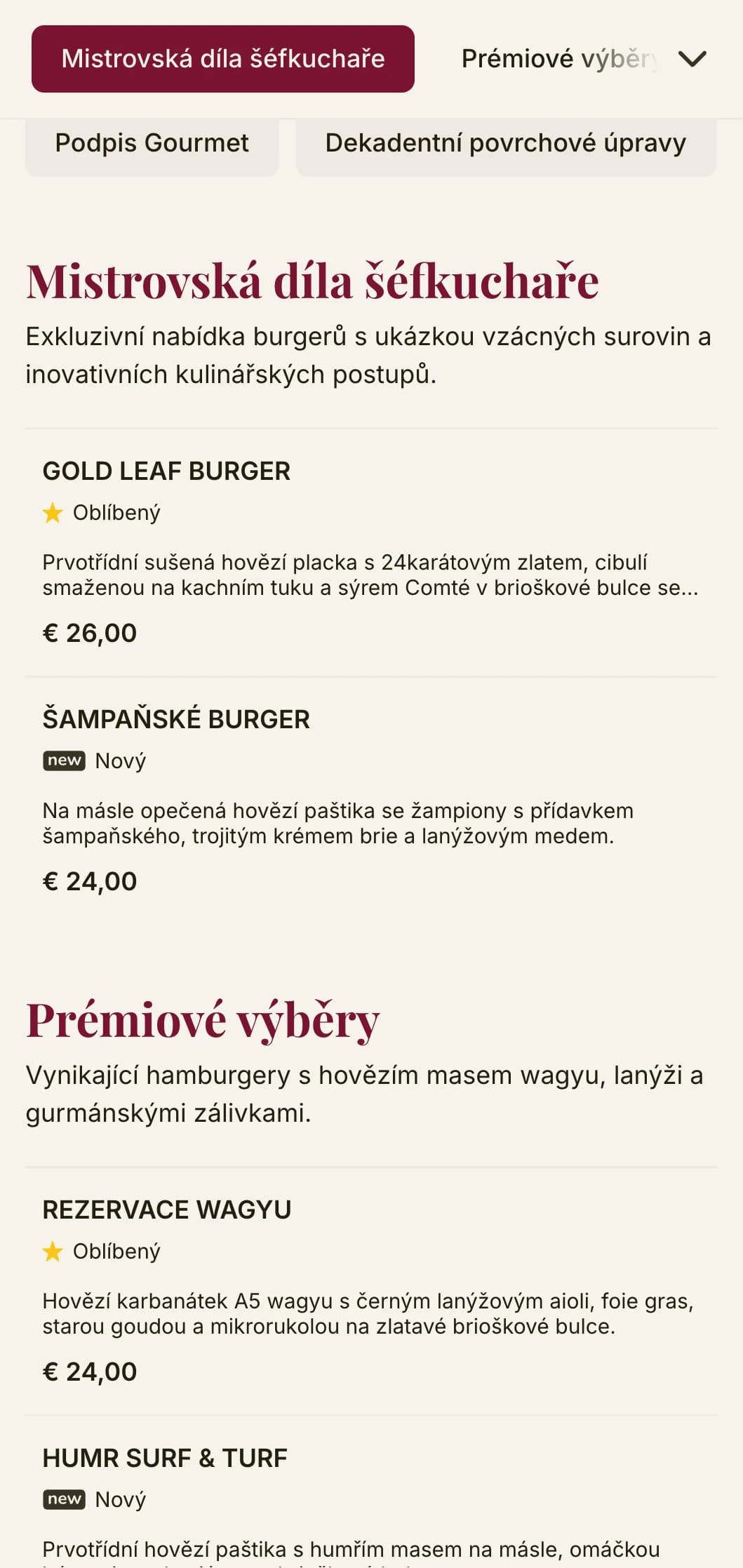 Vyšší úroveň hamburgerů s prvotřídní typografií a bohatou barevnou paletou pro luxusní hamburgerový zážitek.
