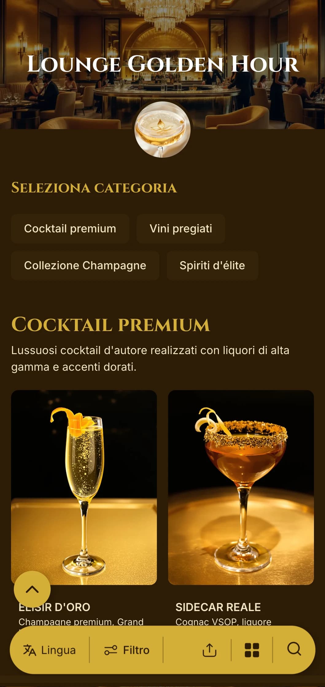 Design lussuoso dai toni dorati per cocktail bar e sale VIP di alto livello.
