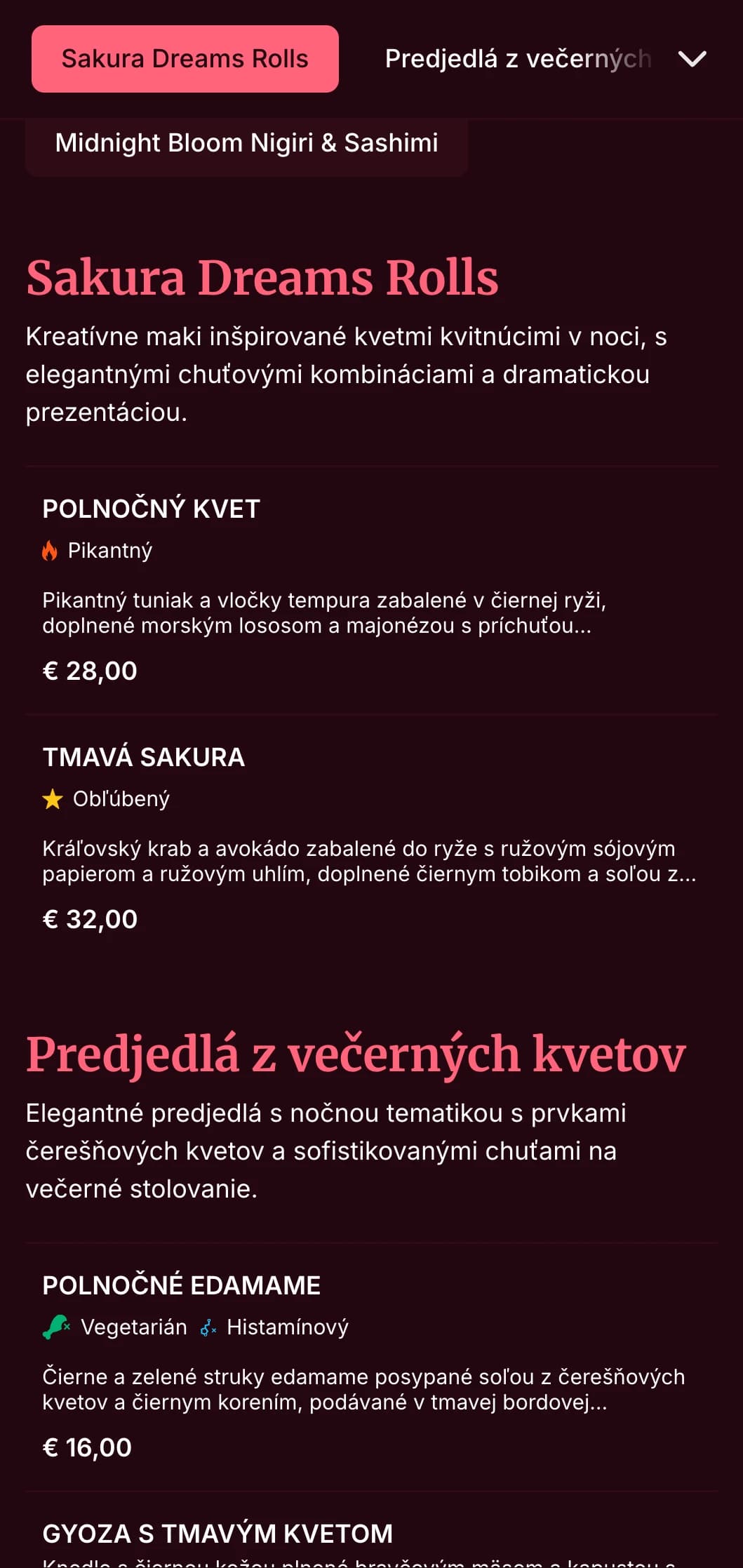 Elegantný večerný zážitok zo sushi s dramatickými motívmi čerešňových kvetov na pozadí tmavej bordovej farby pre luxusné stolovanie.