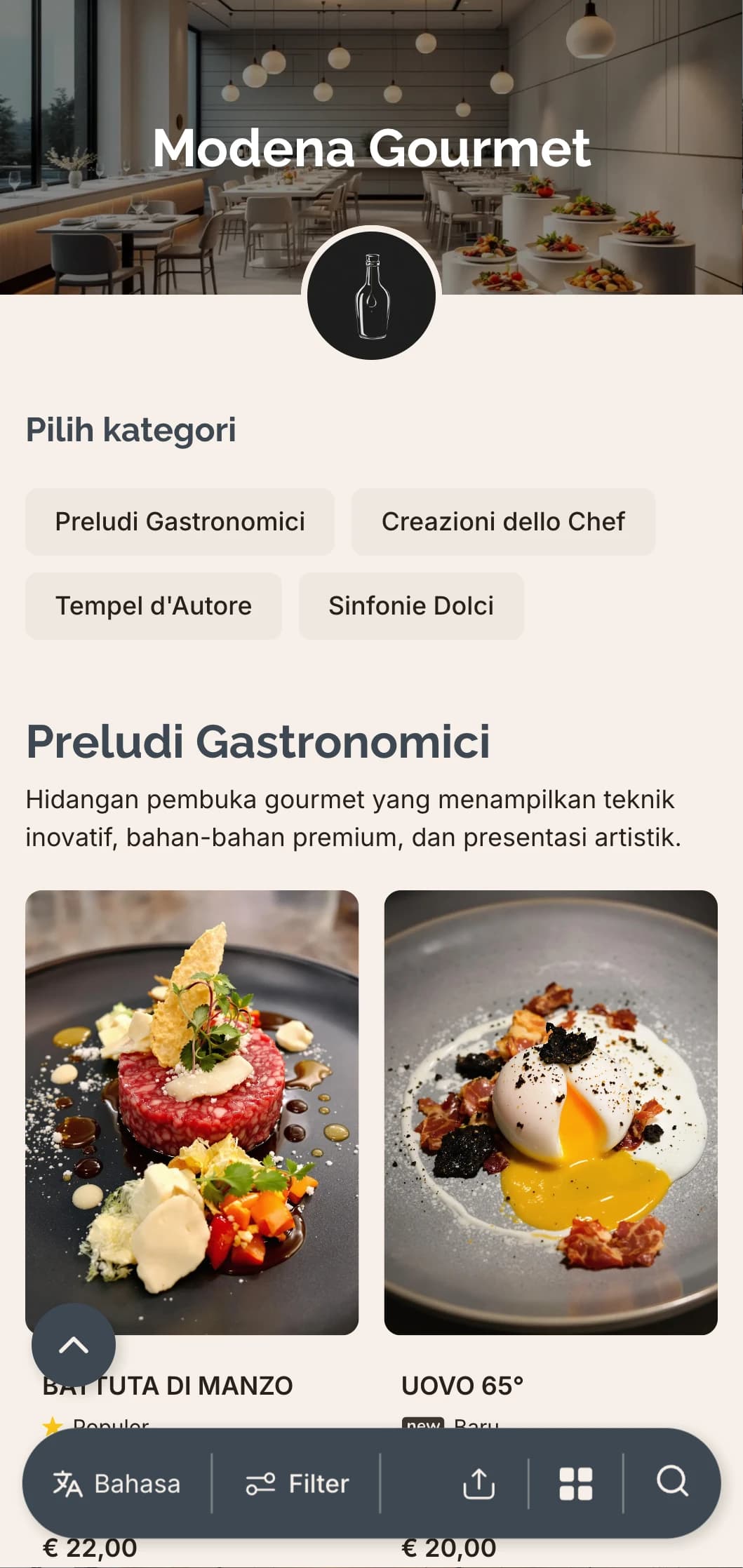 Desain kontemporer yang halus dan inovatif yang merayakan dunia kuliner inovatif dan tradisi balsamic Modena.