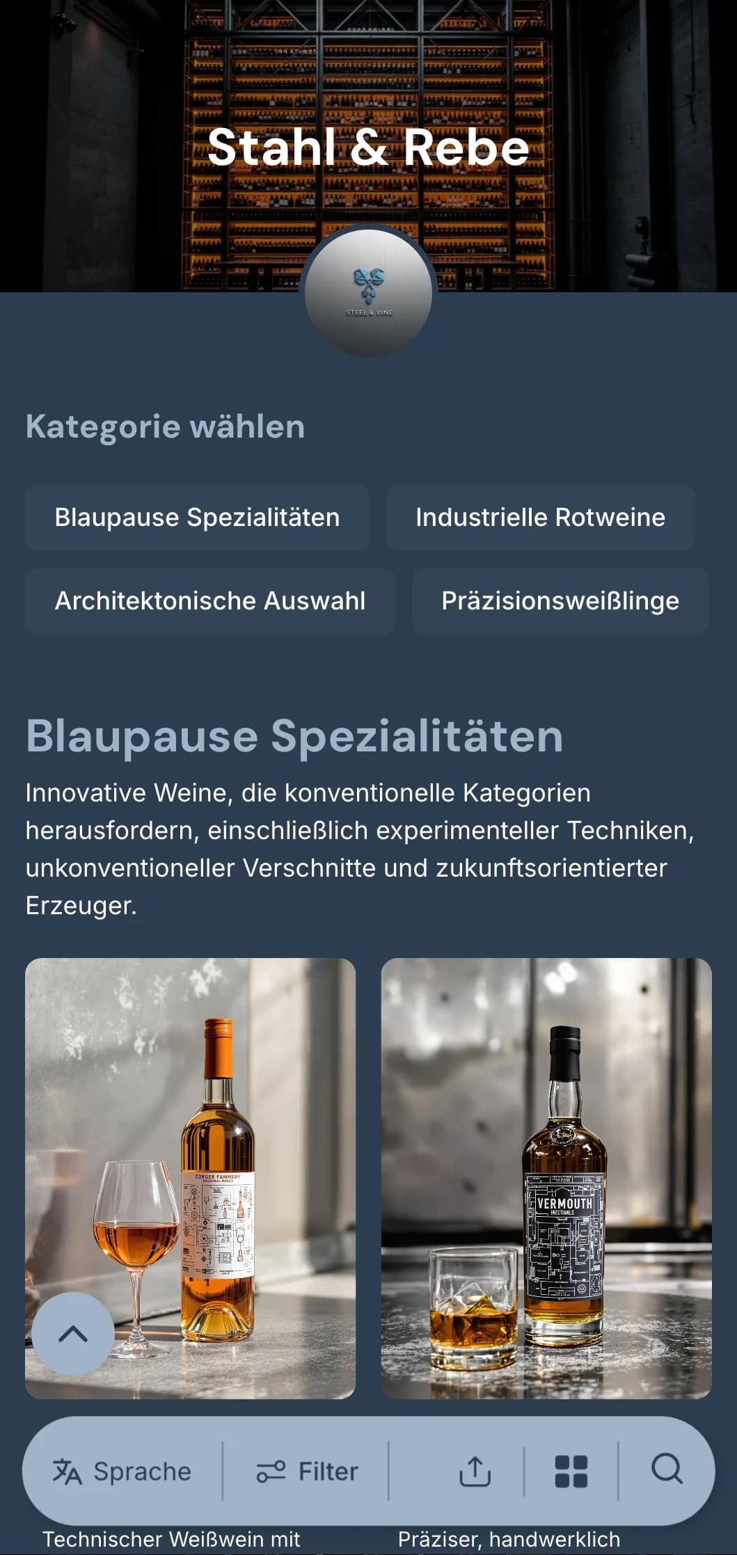 Industrielle, moderne Weinkartenvorlage mit stahlblauen Akzenten und architektonischen Elementen, ideal für urbane Weinbars und moderne Restaurants.