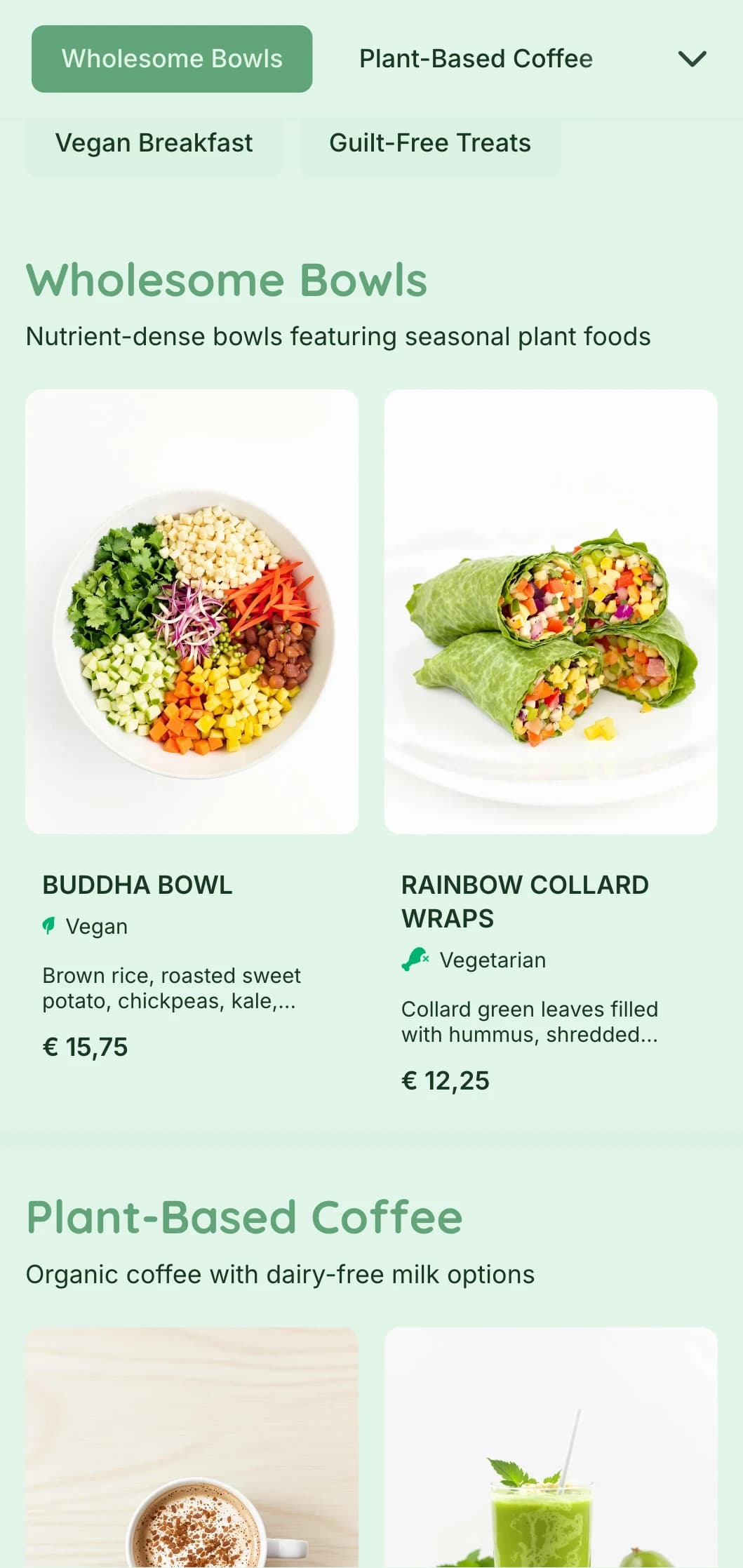 Fresh green design highlighting plant-based offerings for vegan cafes and health-food spots.