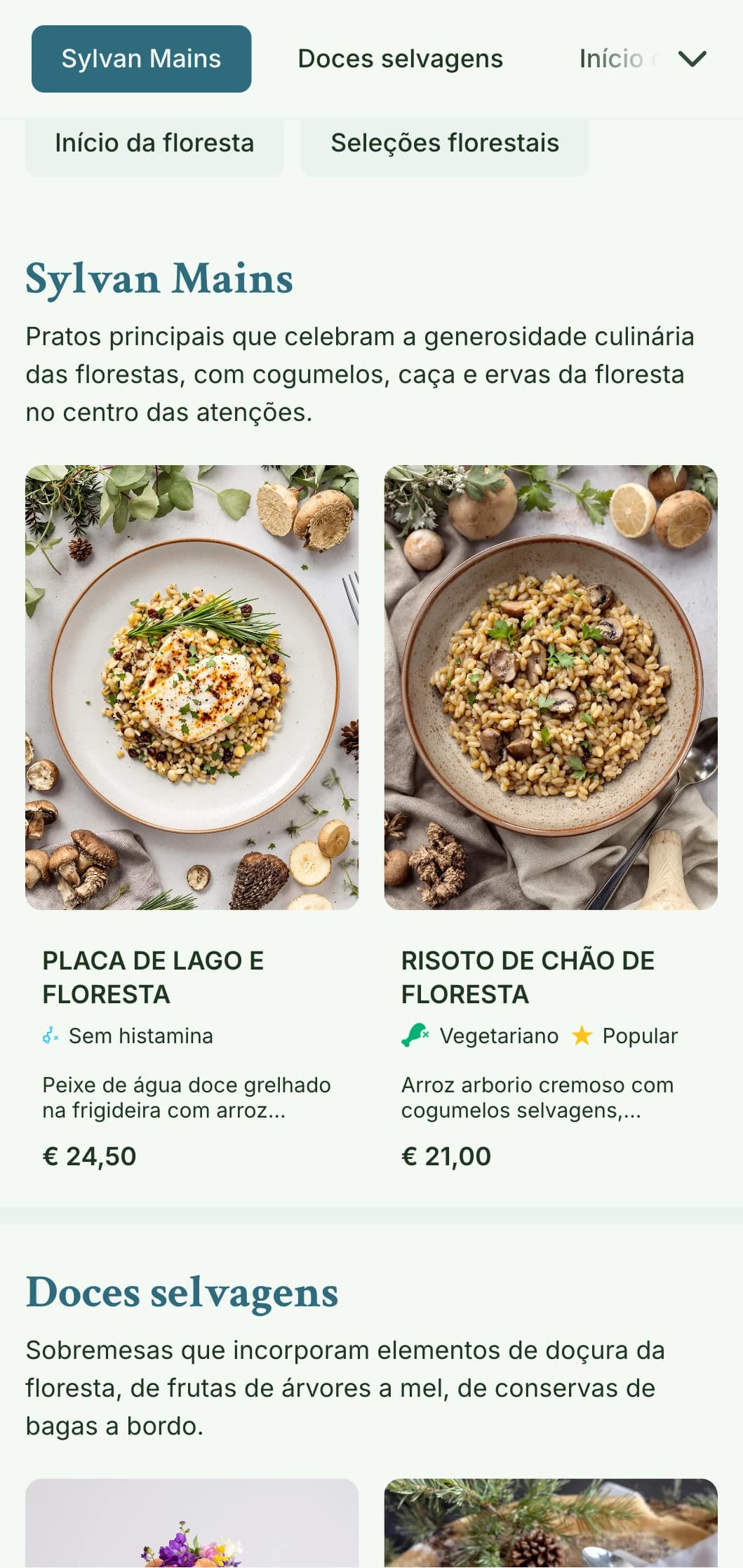 Design de cardápio de almoço sereno, inspirado na floresta, com texturas orgânicas e tons de terra, perfeito para restaurantes próximos a ambientes naturais e parques.