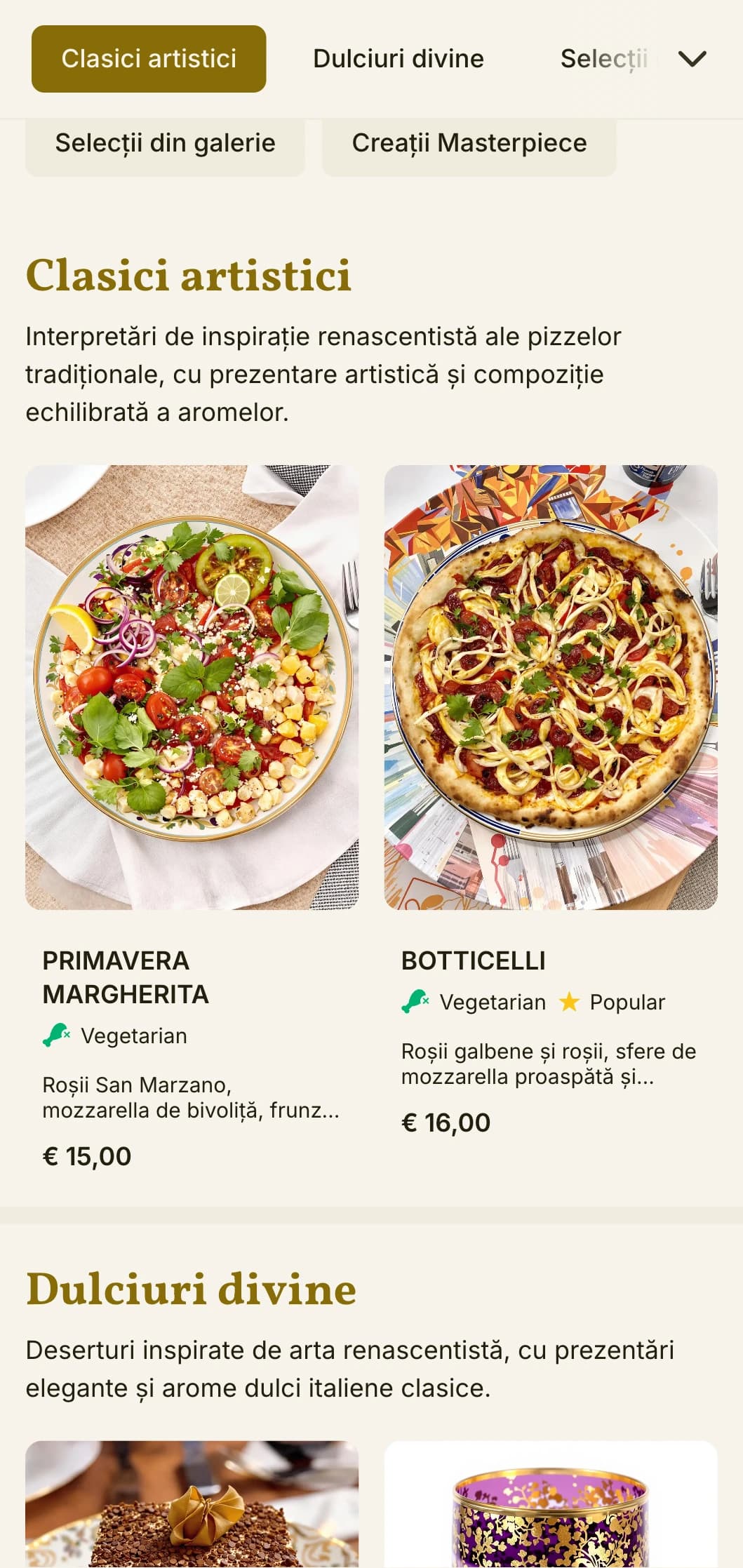 Meniu artistic de pizza inspirat de Renașterea italiană, cu elemente vizuale bogate.