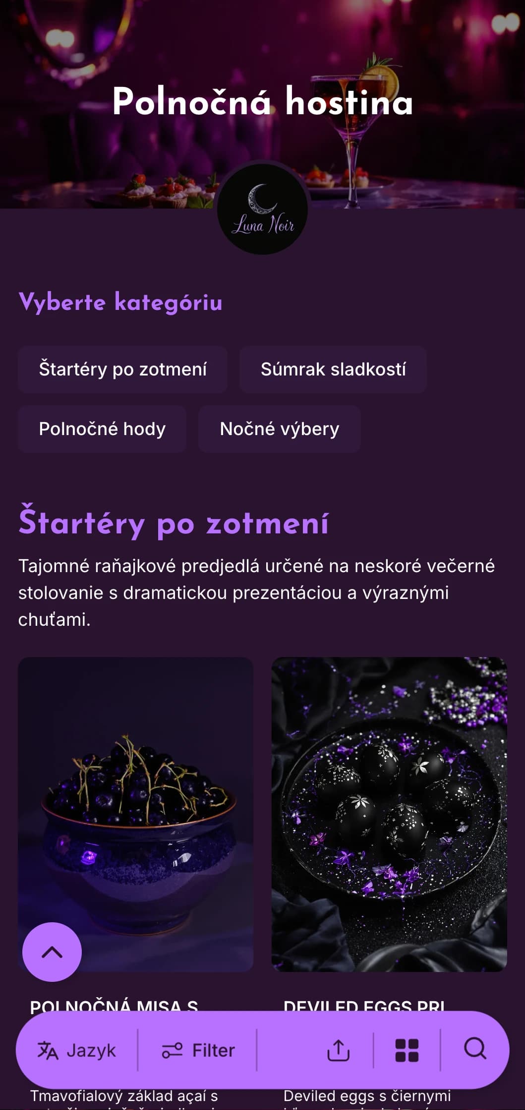 Tmavofialová šablóna so svetlými akcentmi je ideálna na neskoré nočné brunche a raňajky s koktailmi.