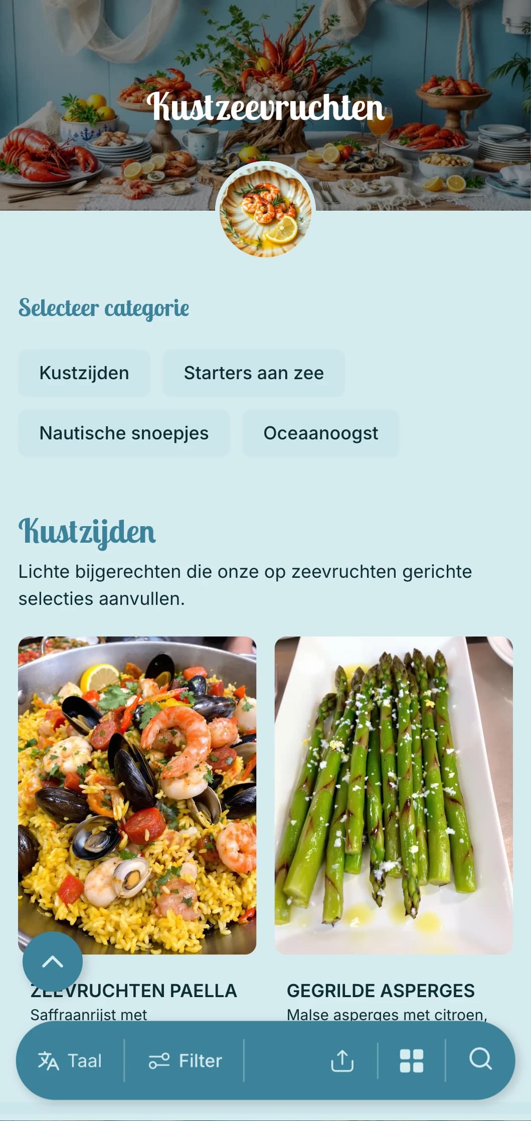 Catering met verse zeevruchten, oceaanvangsten, nautische elementen en kustpresentatie voor strandevenementen en liefhebbers van zeevruchten.