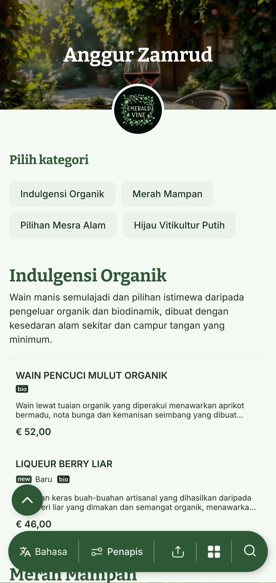 Templat senarai wain bertema hijau subur dengan unsur botani dan tekstur semula jadi, sesuai untuk pilihan wain organik dan restoran taman.