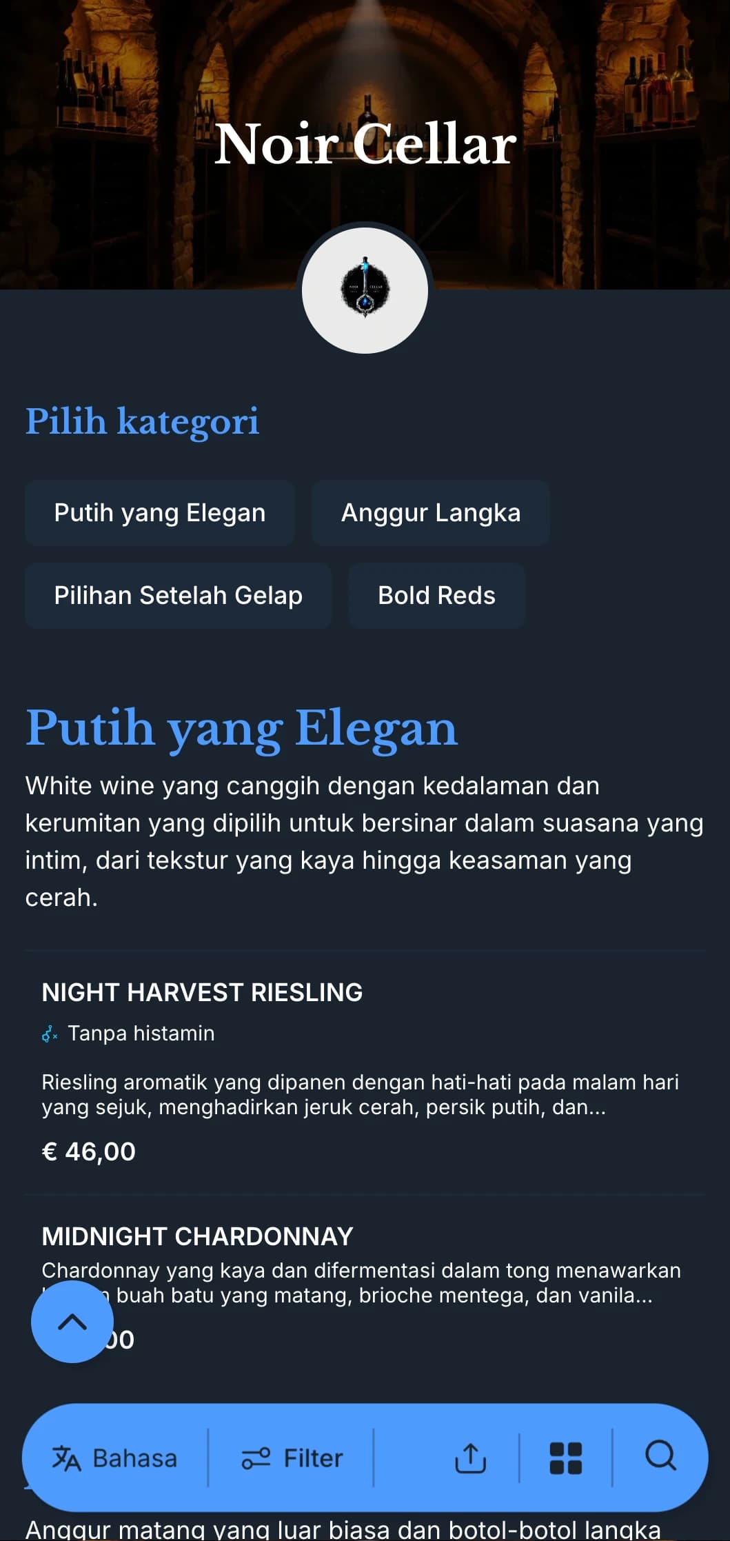 Templat daftar anggur bertema gelap yang canggih dengan aksen biru mencolok dengan latar belakang biru tua, ideal untuk lounge anggur yang intim dan tempat malam hari.