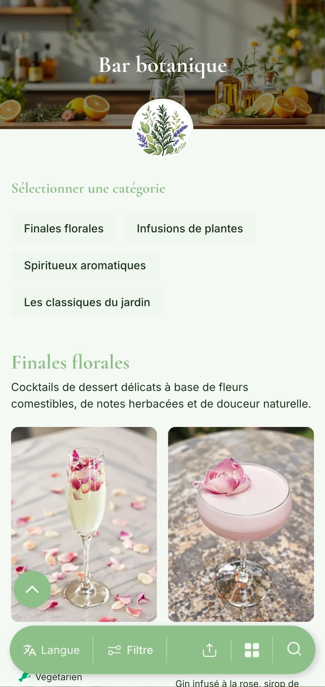 Un menu frais, inspiré du jardin, pour les bars spécialisés dans les cocktails à base d'herbes et de plantes.