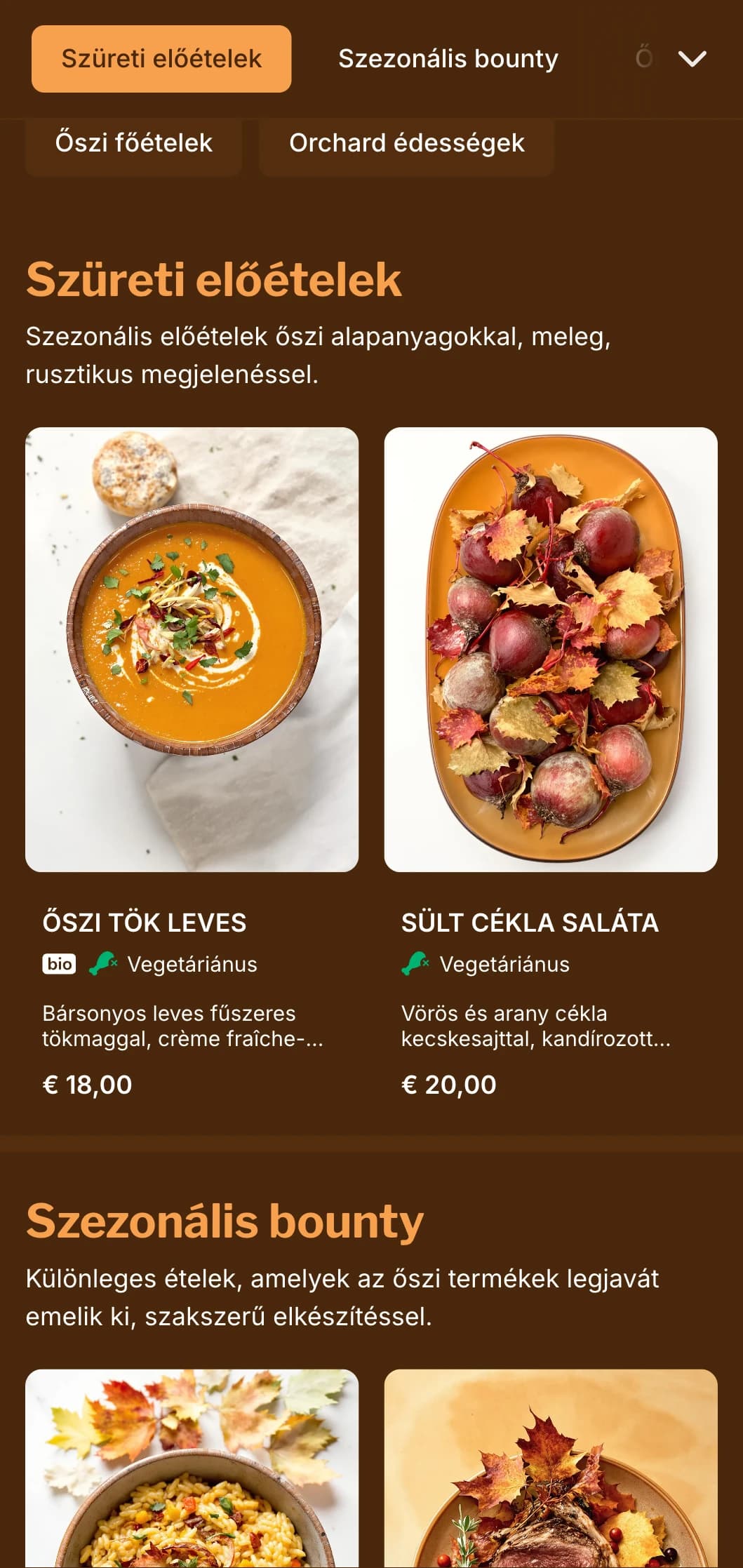 Meleg, őszi ihletésű, gazdag borostyánszínű tónusokat tartalmazó vacsora menü, amely ideális a szezonális konyha és a szüretre összpontosító éttermek számára.