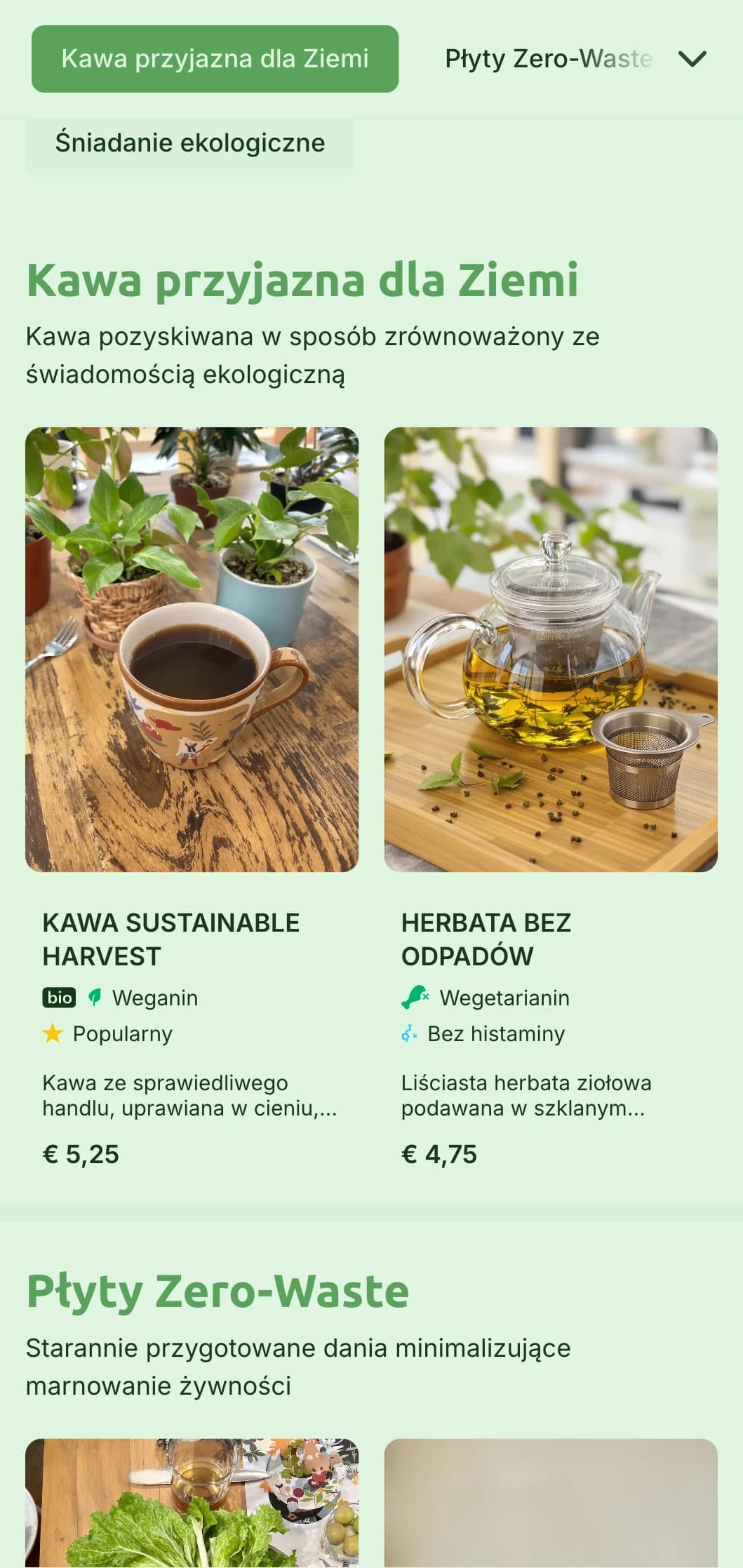 Zielony design podkreślający organiczne składniki dla kawiarni i ekologicznych restauracji.