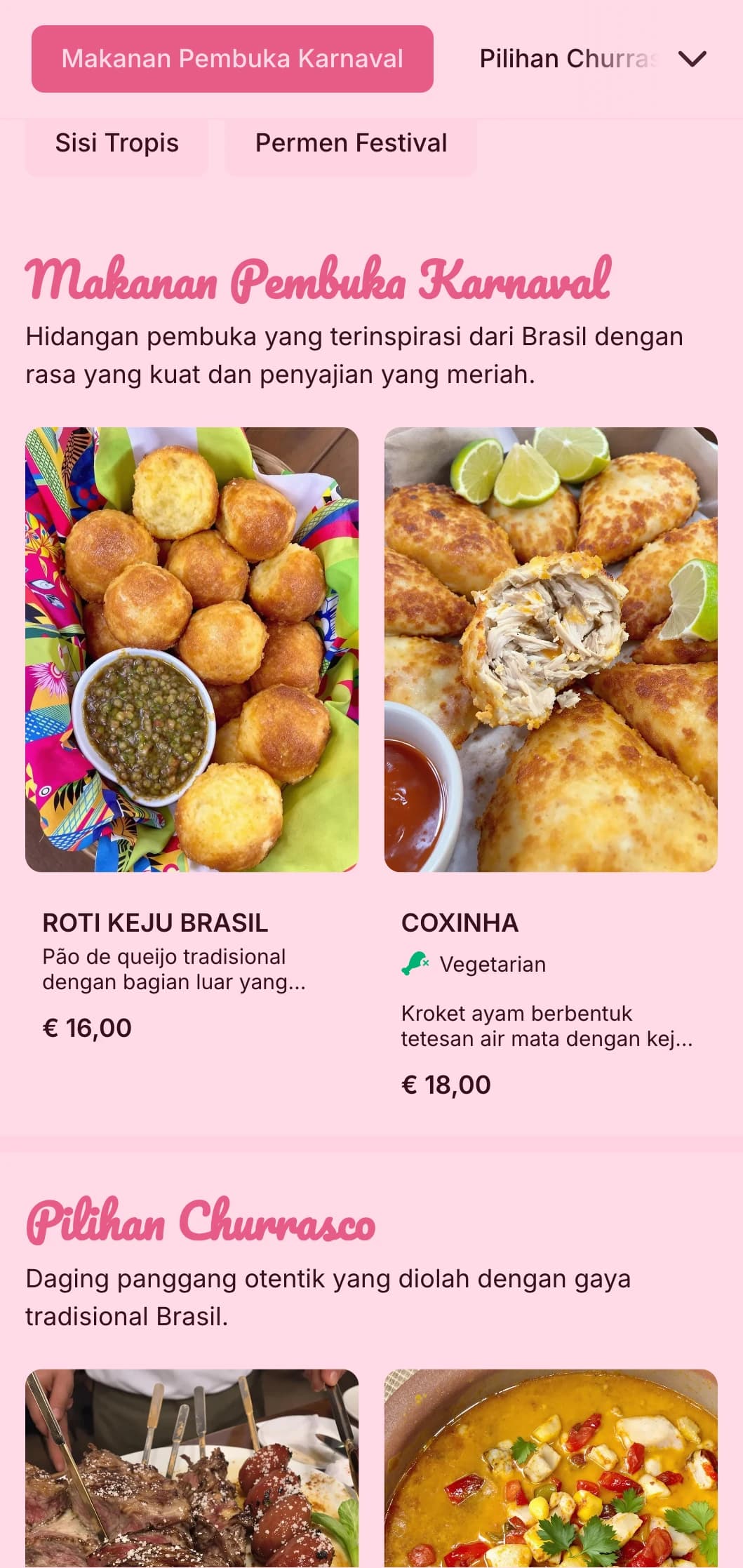 Katering yang terinspirasi dari Brasil yang penuh semangat dengan daging panggang, elemen tropis, dan presentasi yang meriah untuk perayaan yang meriah.
