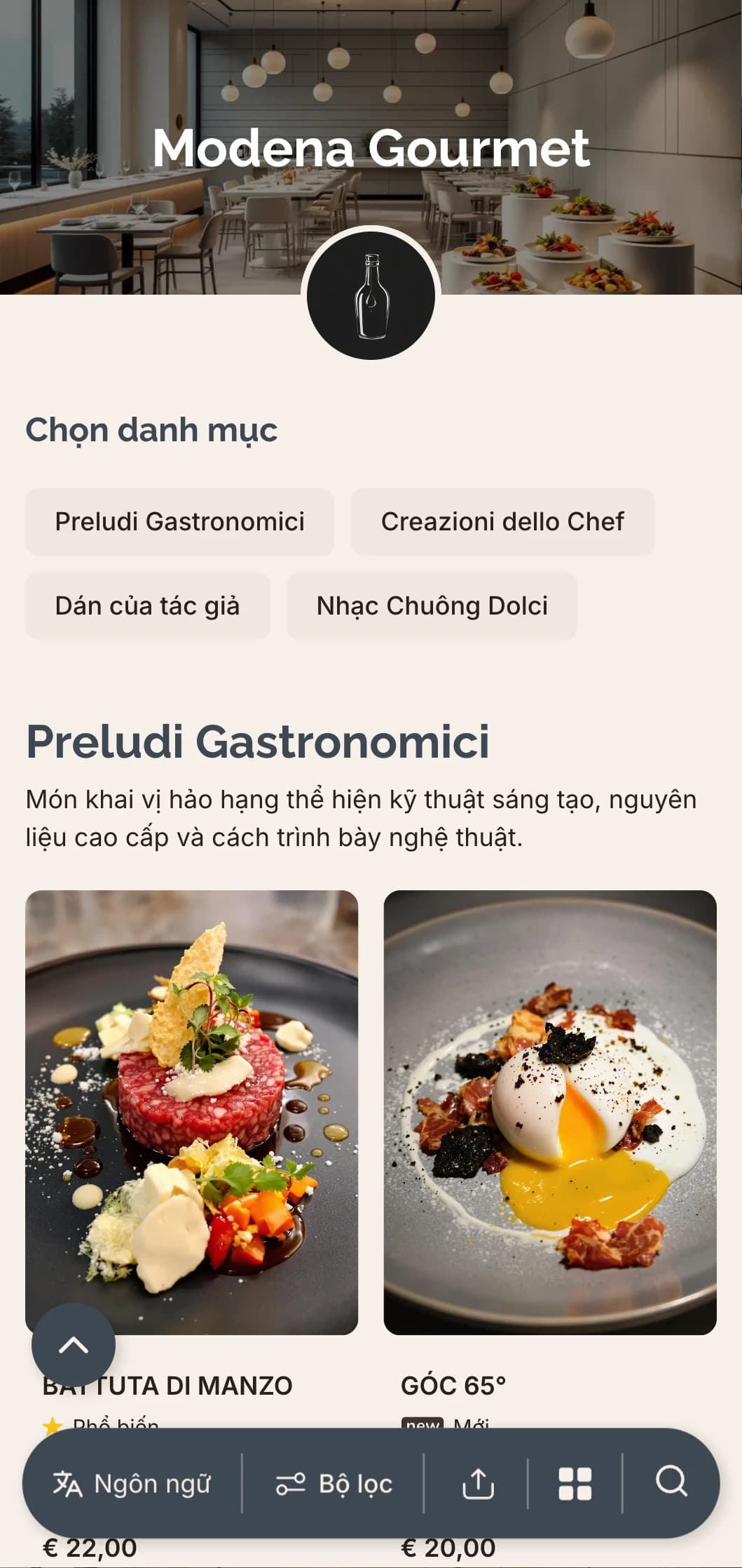 Thiết kế tinh tế, hiện đại tôn vinh nền ẩm thực sáng tạo và truyền thống giấm balsamic của Modena.