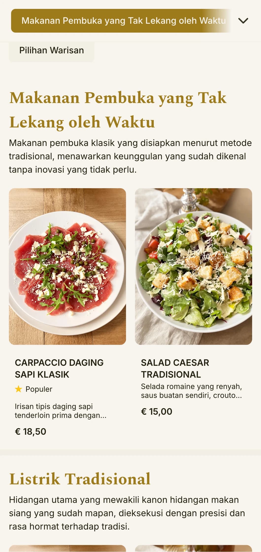 Desain menu makan siang yang elegan dan tak lekang oleh waktu dengan tipografi yang seimbang dan jarak spasi yang halus, cocok untuk restoran tradisional dengan reputasi mapan.