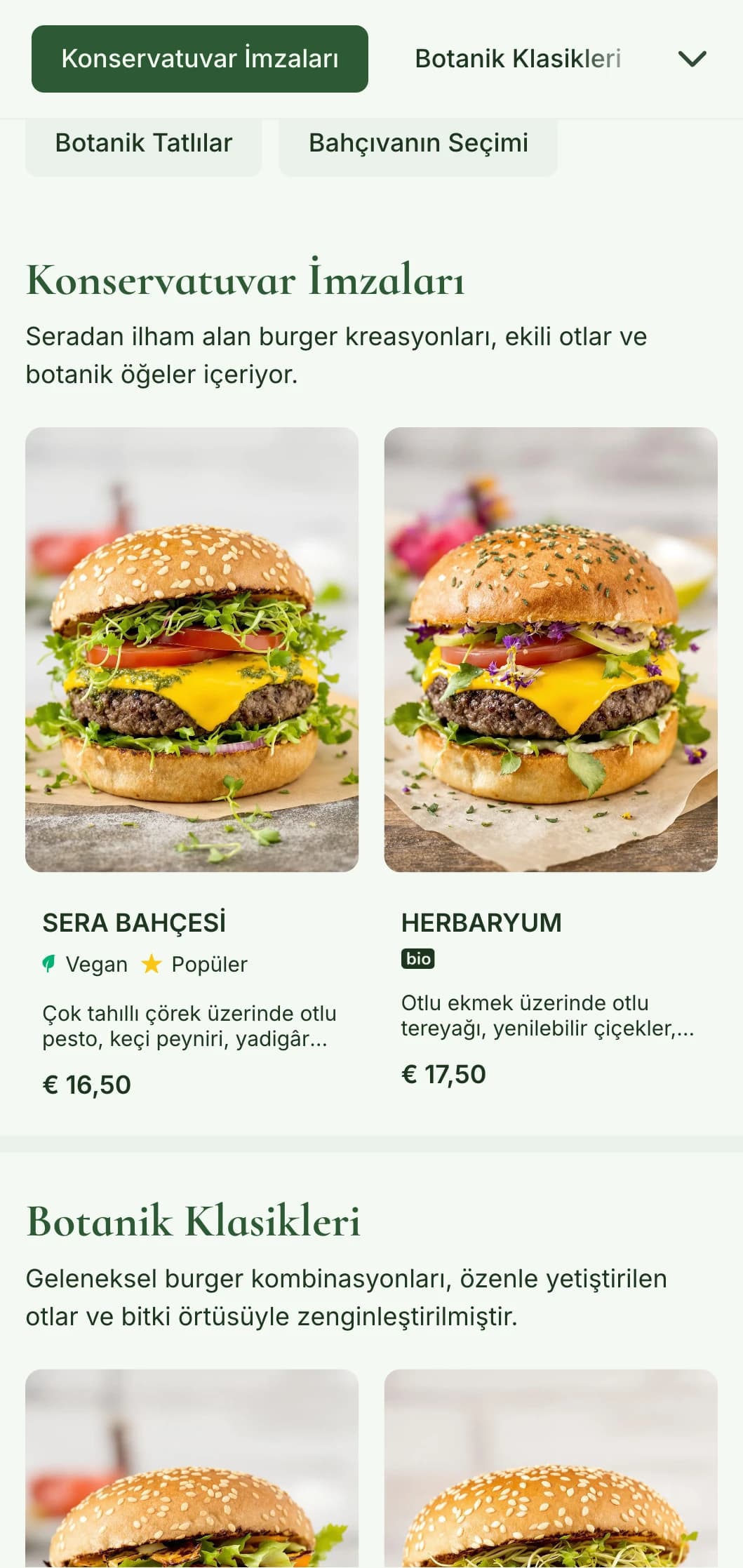 Sera unsurları ve botanik illüstrasyonlar içeren bitki odaklı burger bahçesi.