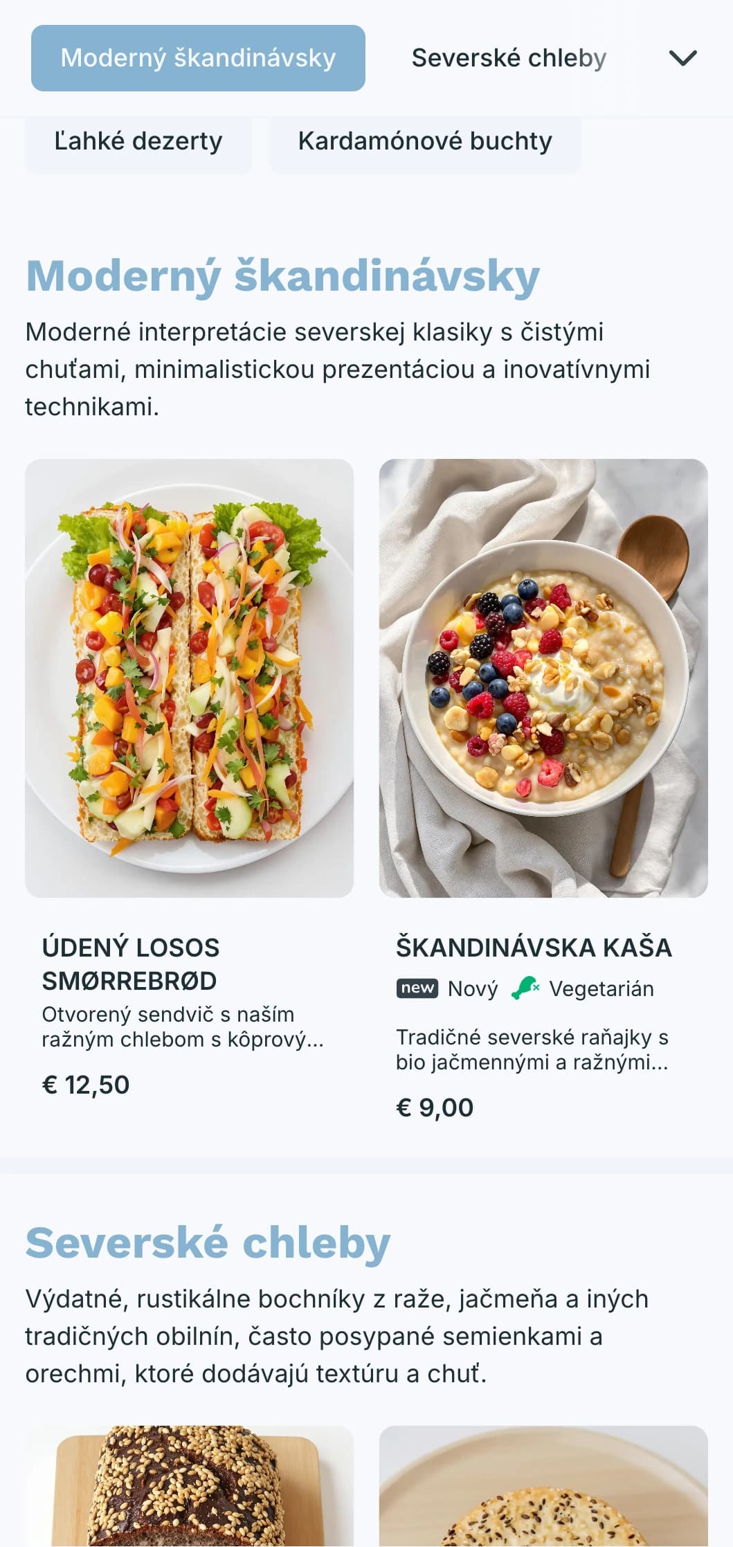 Ľahký, vzdušný dizajn jedálneho lístka pekárne s chladnými modrými tónmi a čistou typografiou, ideálny pre pekárne a moderné kaviarne inšpirované škandinávskym štýlom.