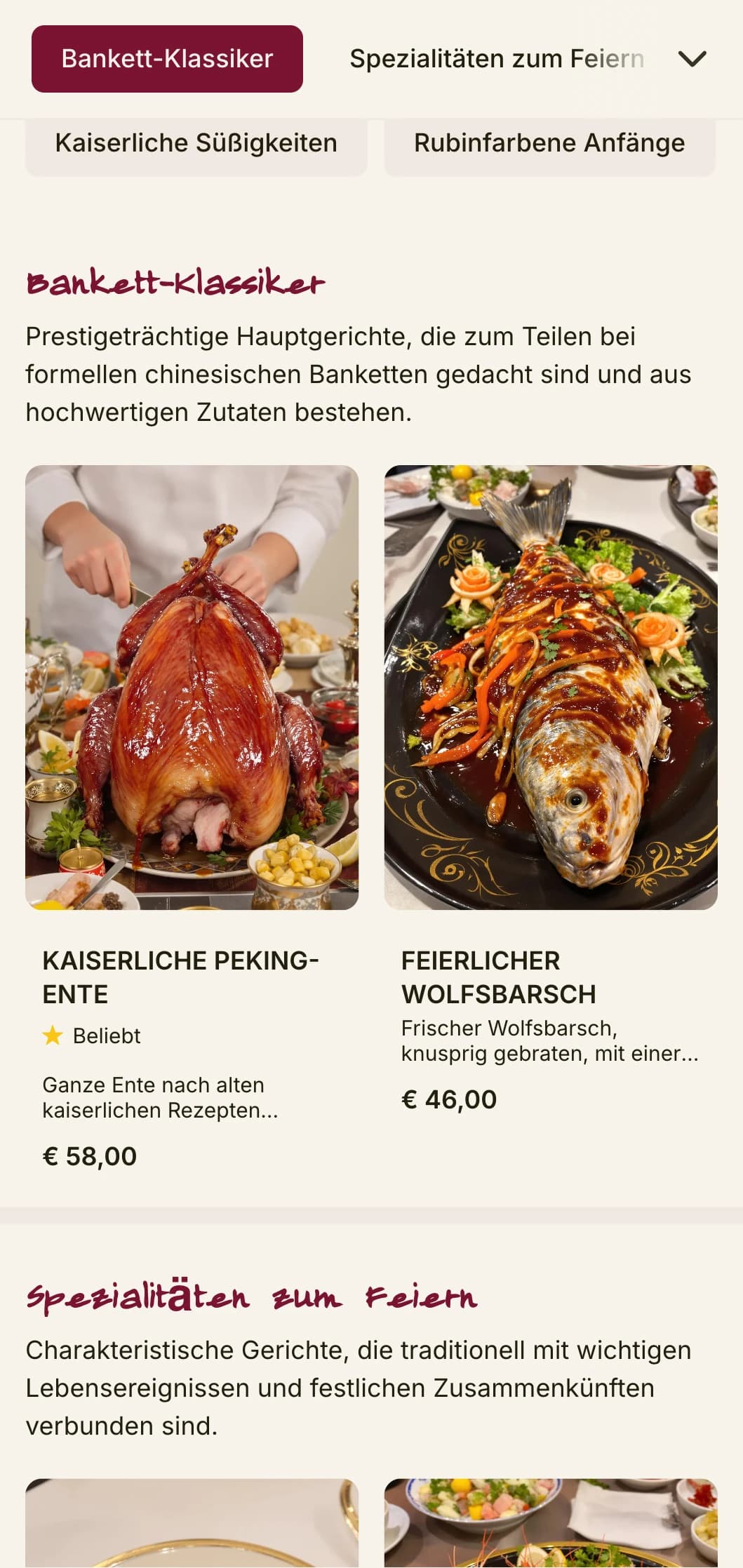 Luxuriöses chinesisches Menüdesign, inspiriert von kaiserlichen Banketten, mit rubinroten Akzenten für eine festliche und feierliche Küche.