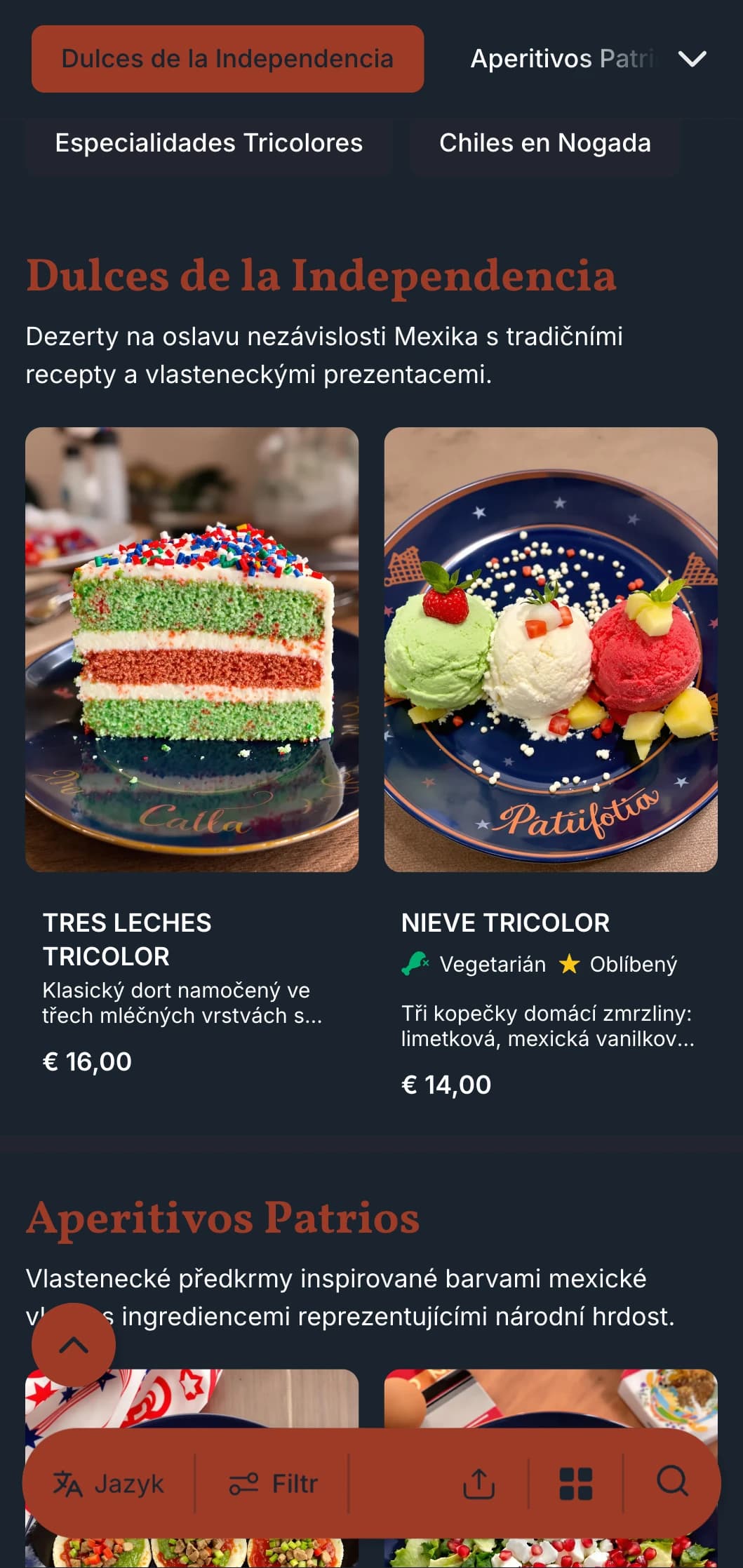 Vlastenecké a slavnostní menu na oslavu nezávislosti Mexika s terakotovými, zelenými a bílými prvky a sezónními specialitami.