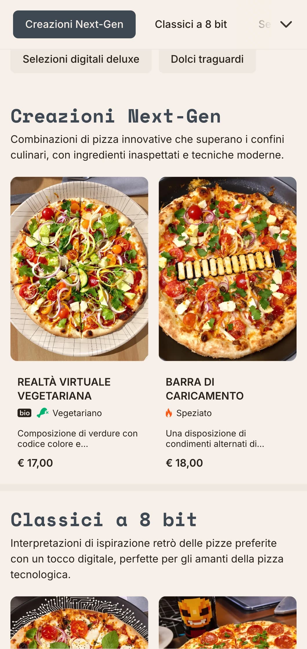 Menù di pizza moderna di ispirazione tecnologica con estetica digitale per concetti di pizza innovativi.