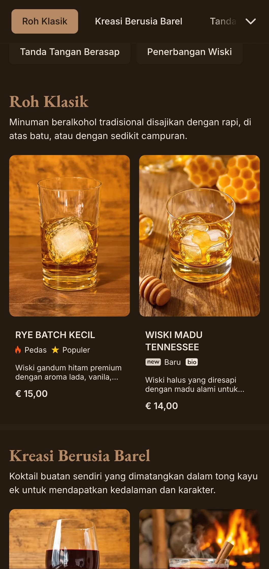 Warna cokelat yang kaya dengan tipografi klasik untuk bar wiski dan pub tradisional.