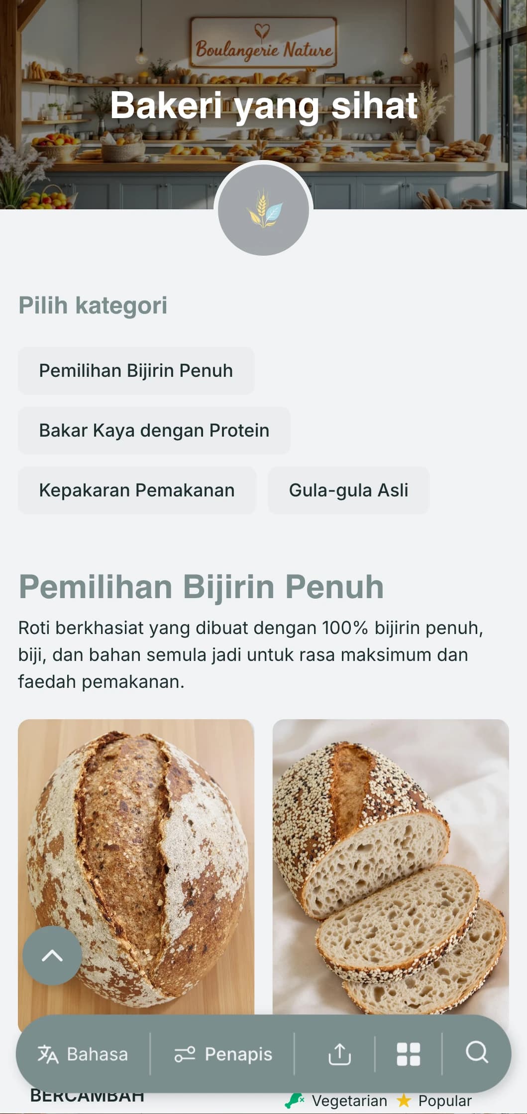 Reka bentuk menu bakeri yang mementingkan kesihatan dengan rona biru-kelabu semula jadi dan tipografi bersih, sesuai untuk kedai roti yang memfokuskan pada bahan-bahan yang sihat dan pilihan diet.