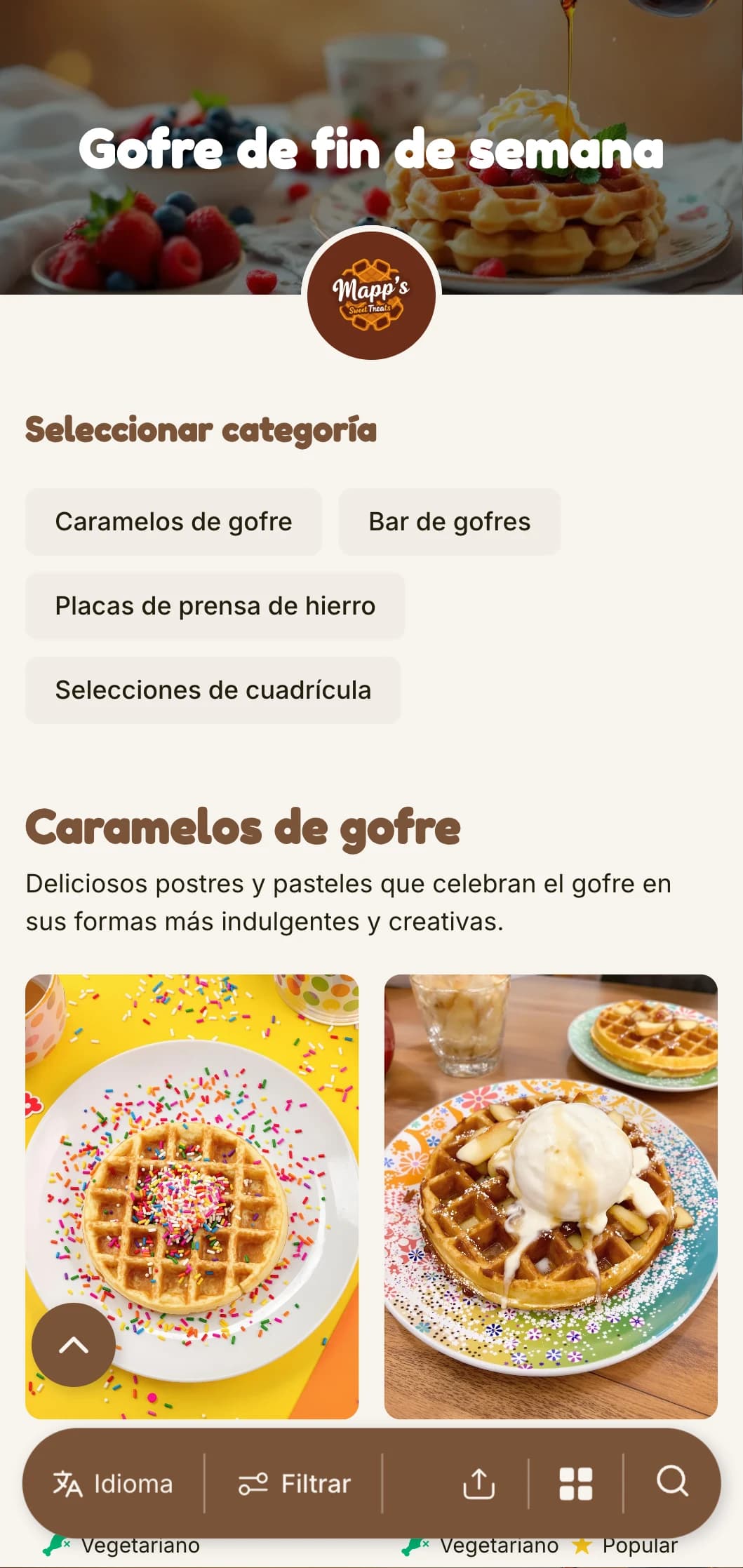 Plantilla de brunch cálida y alegre centrada en gofres y desayunos dulces, ideal para cafeterías familiares.