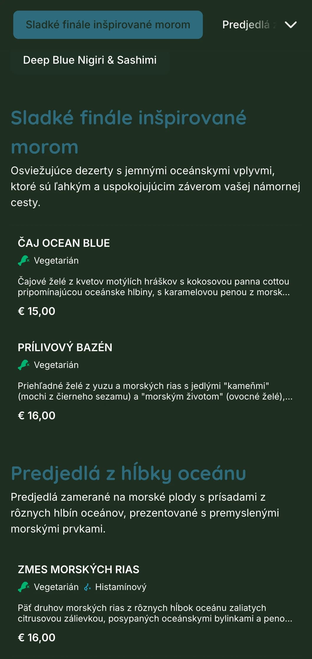 Pokojné tmavomodré sushi menu inšpirované hlbinami oceánov s morskými prvkami a dôrazom na čerstvé morské plody.