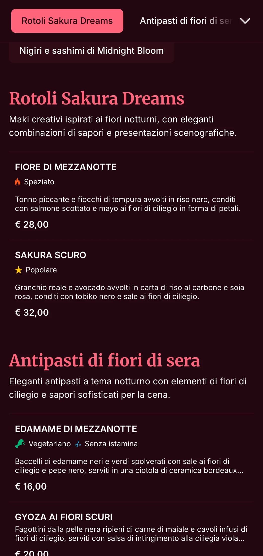 Elegante esperienza di sushi serale con motivi di fiori di ciliegio su sfondo bordeaux intenso per una cena di alto livello.
