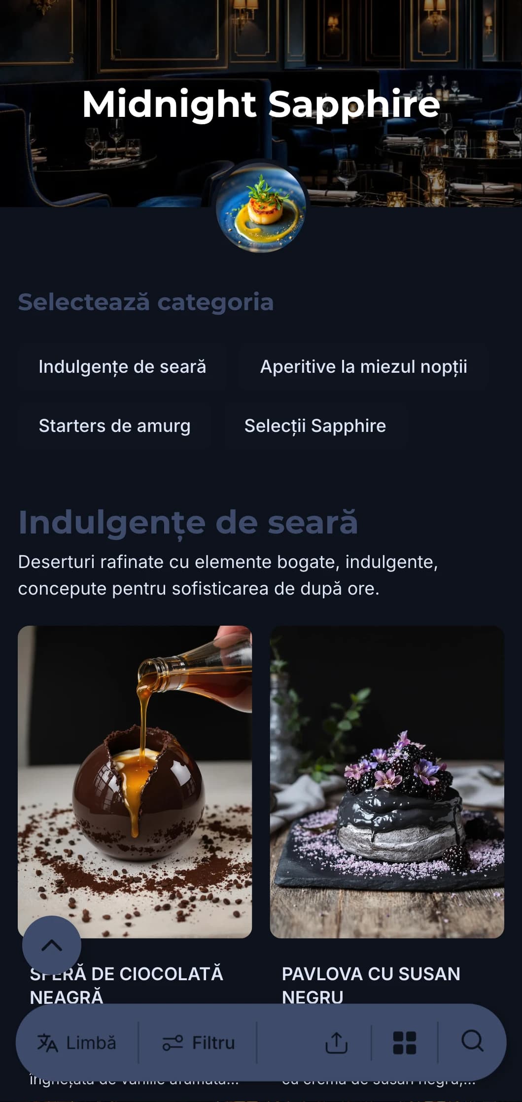 Concept sofisticat de servire a mesei după orele de program, cu tonuri de albastru intens și elemente subtile de lux pentru o experiență culinară captivantă.