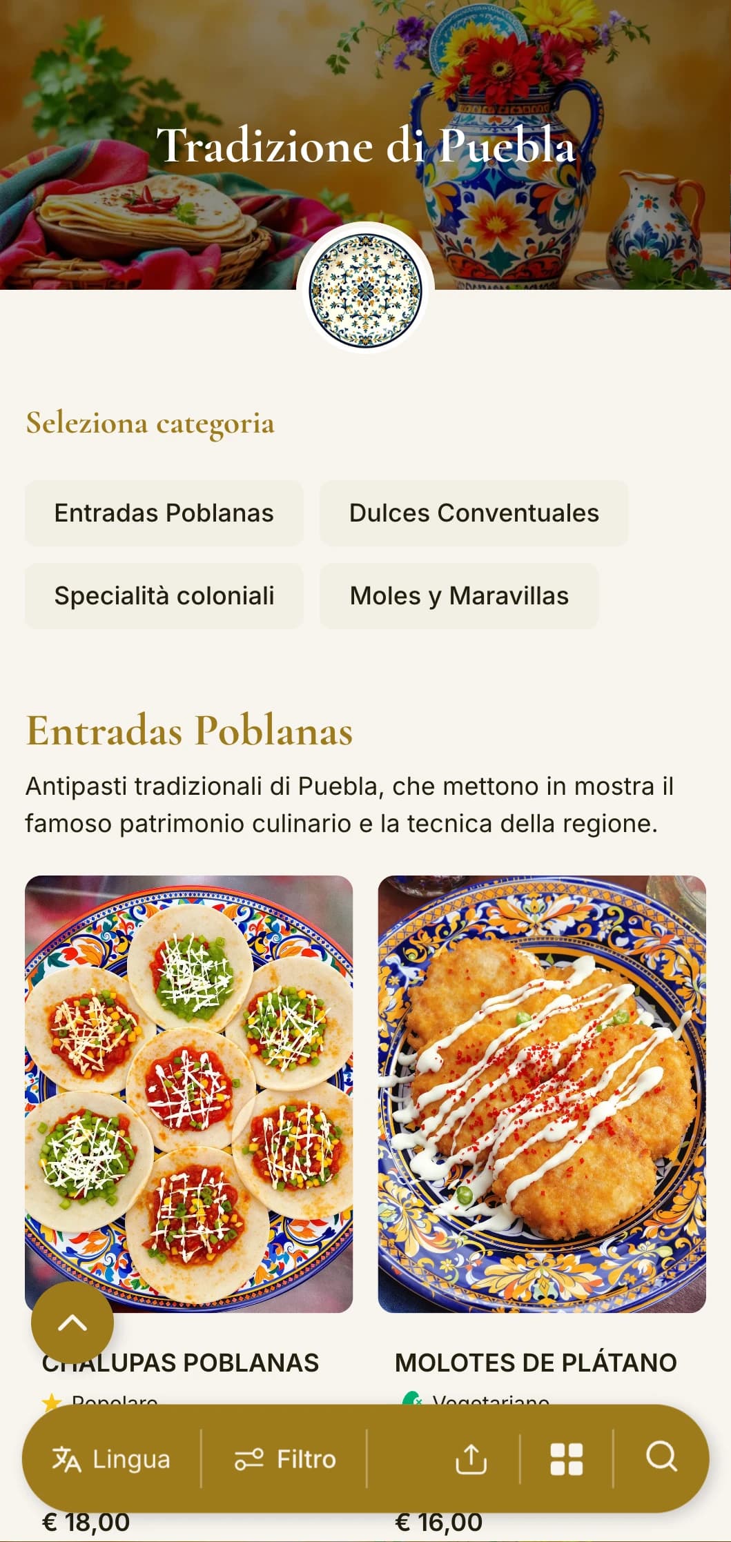 Menu raffinato che celebra la ricca eredità culinaria di Puebla con accenti dorati, motivi talavera e autentici piatti di mole poblano.