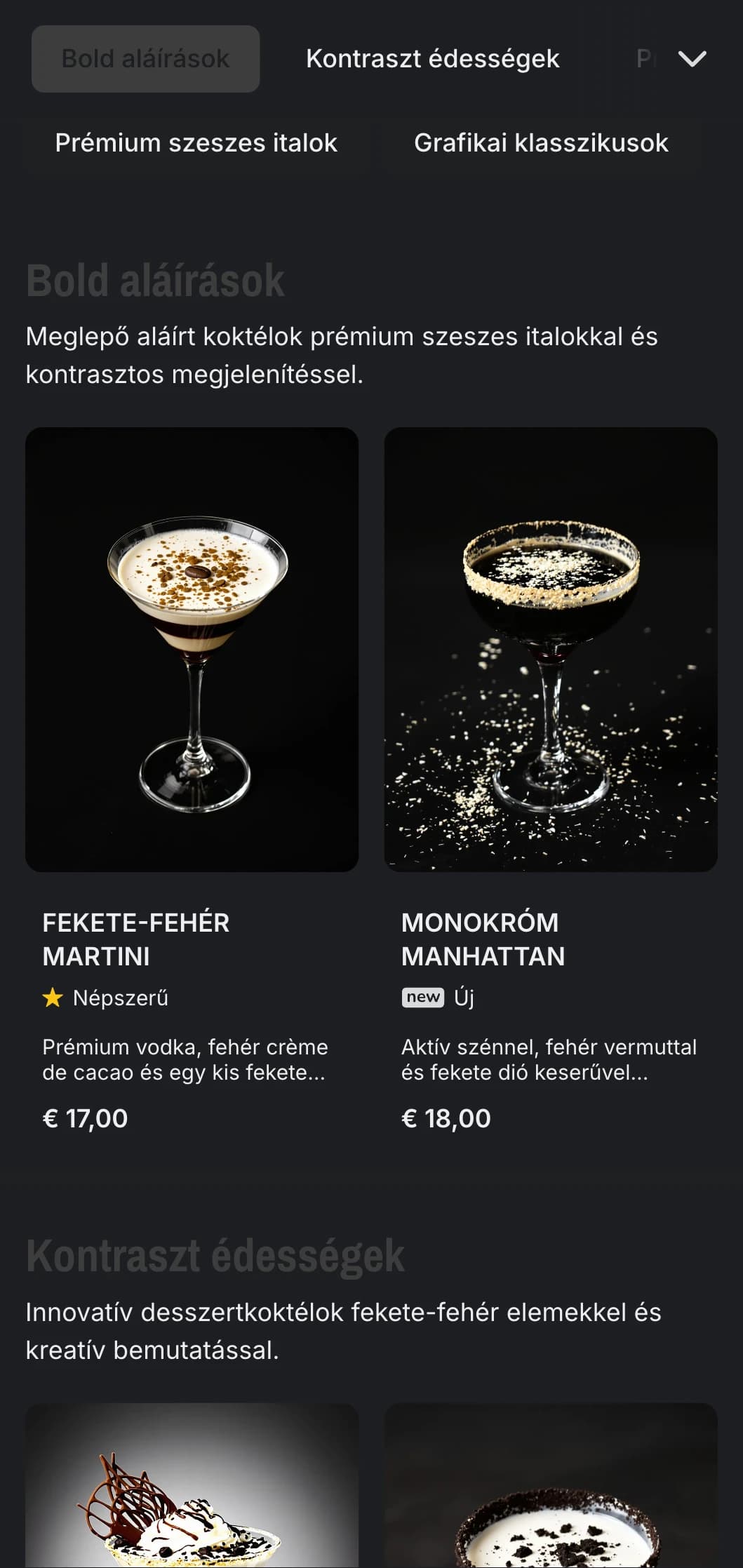 Elegáns, fekete-fehér design kortárs koktélbárok számára, erős kontrasztokkal és minimalista tipográfiával.