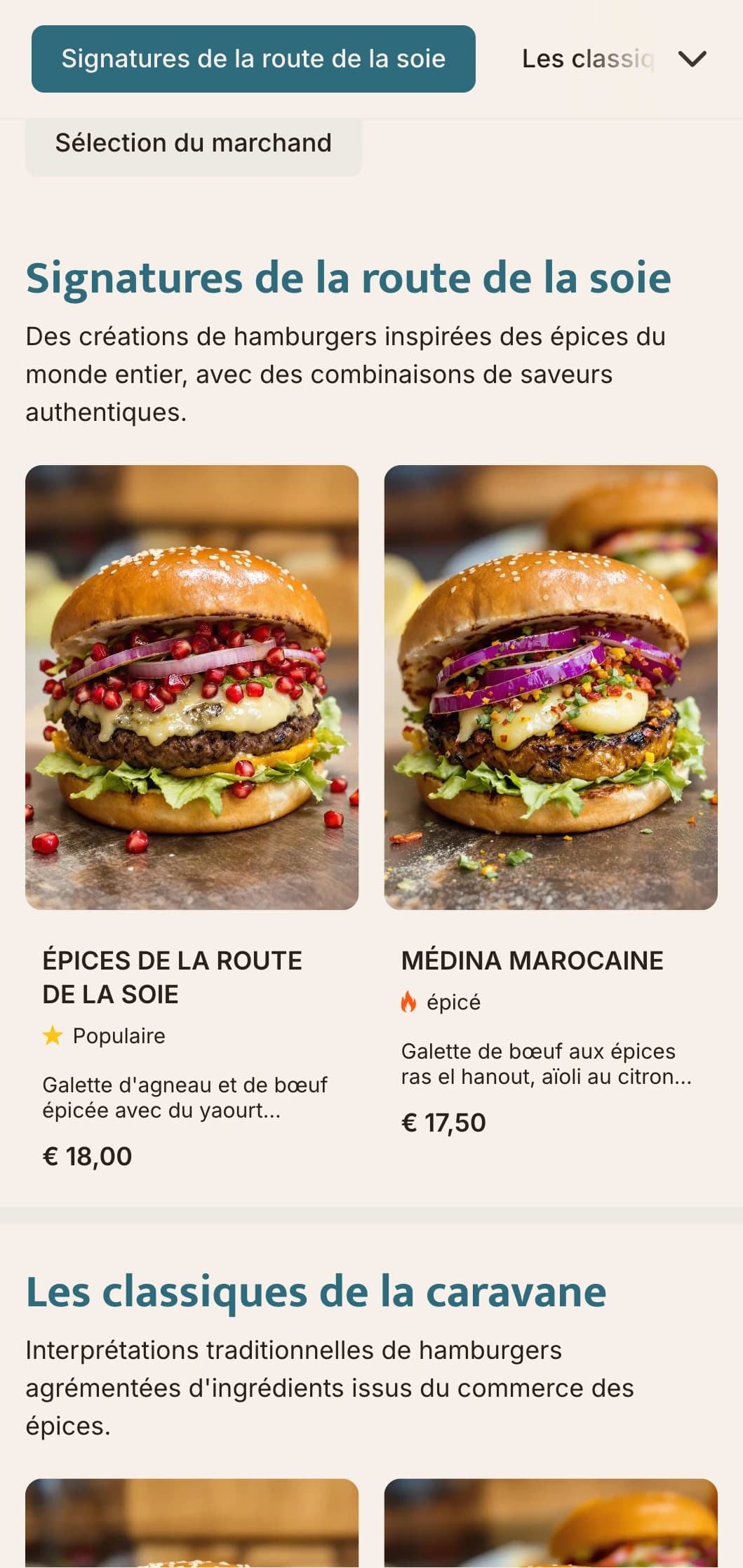 Menu de hamburgers inspiré du commerce des épices, avec des profils de saveurs mondiales et des références historiques.