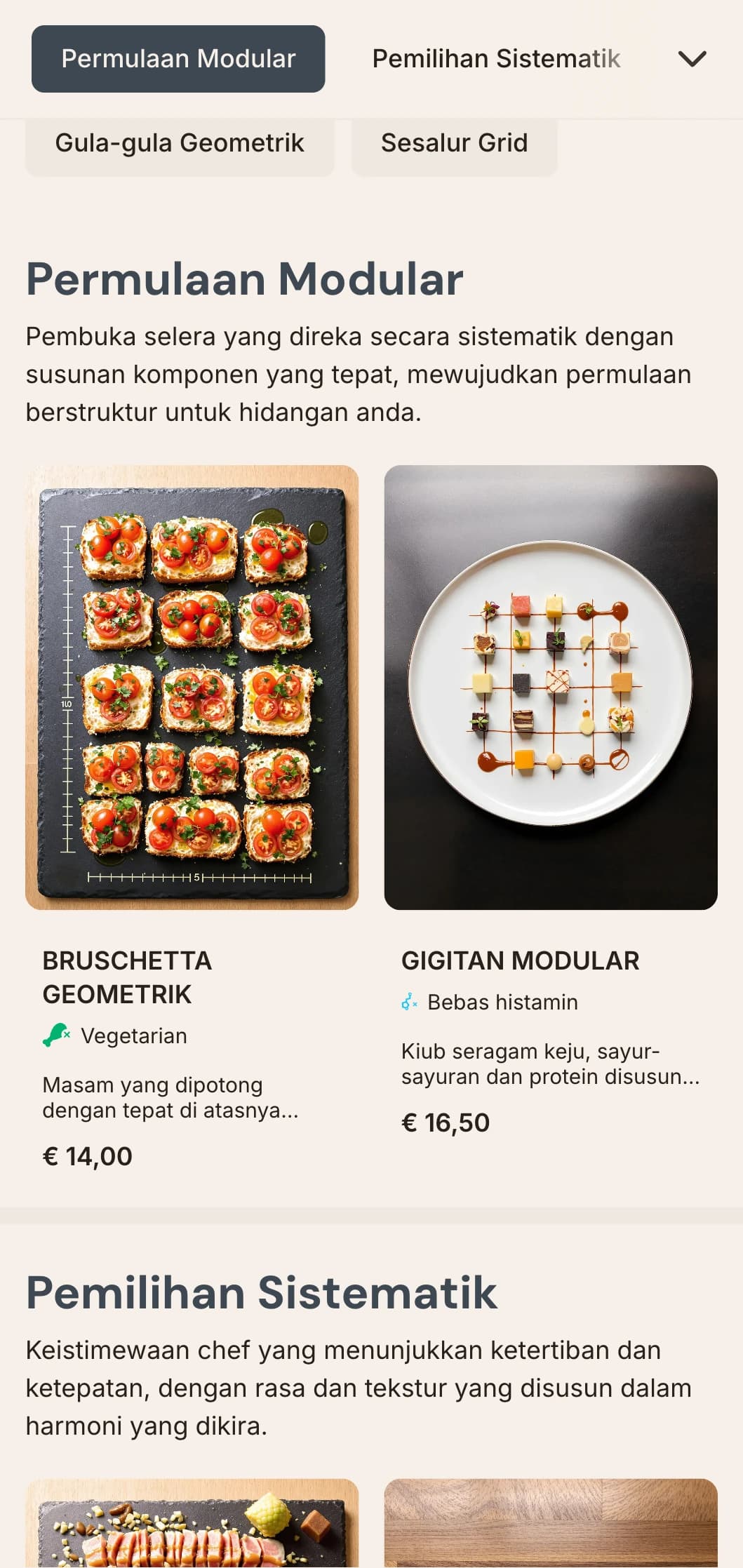 Reka bentuk menu makan tengah hari berasaskan grid berstruktur dengan ketepatan matematik dan organisasi bersih, sesuai untuk restoran berfokus reka bentuk dan restoran kontemporari.