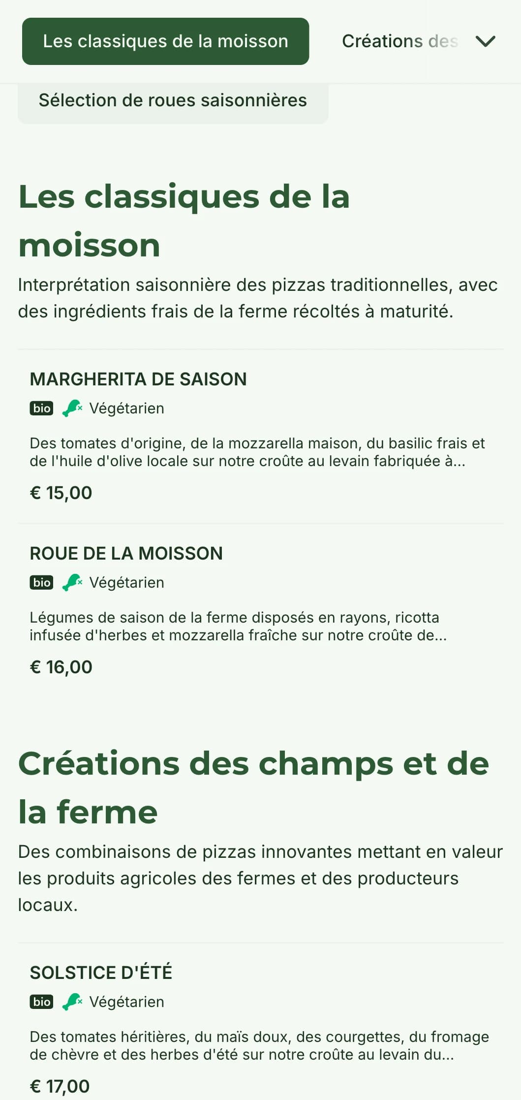 Une carte de pizzas de la ferme à la table qui met en valeur les ingrédients de saison et la préparation rustique.