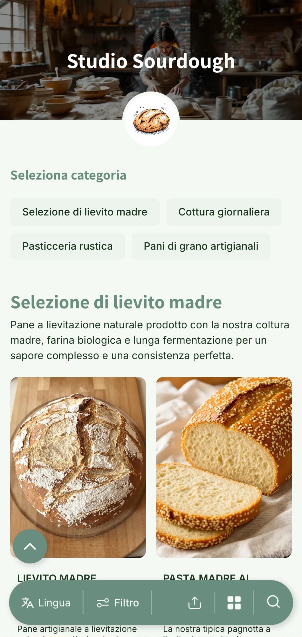 Un design di menu per panetteria rustico ma raffinato, caratterizzato da toni verdi e tipografici artigianali, perfetto per gli specialisti del lievito madre e le panetterie artigianali.
