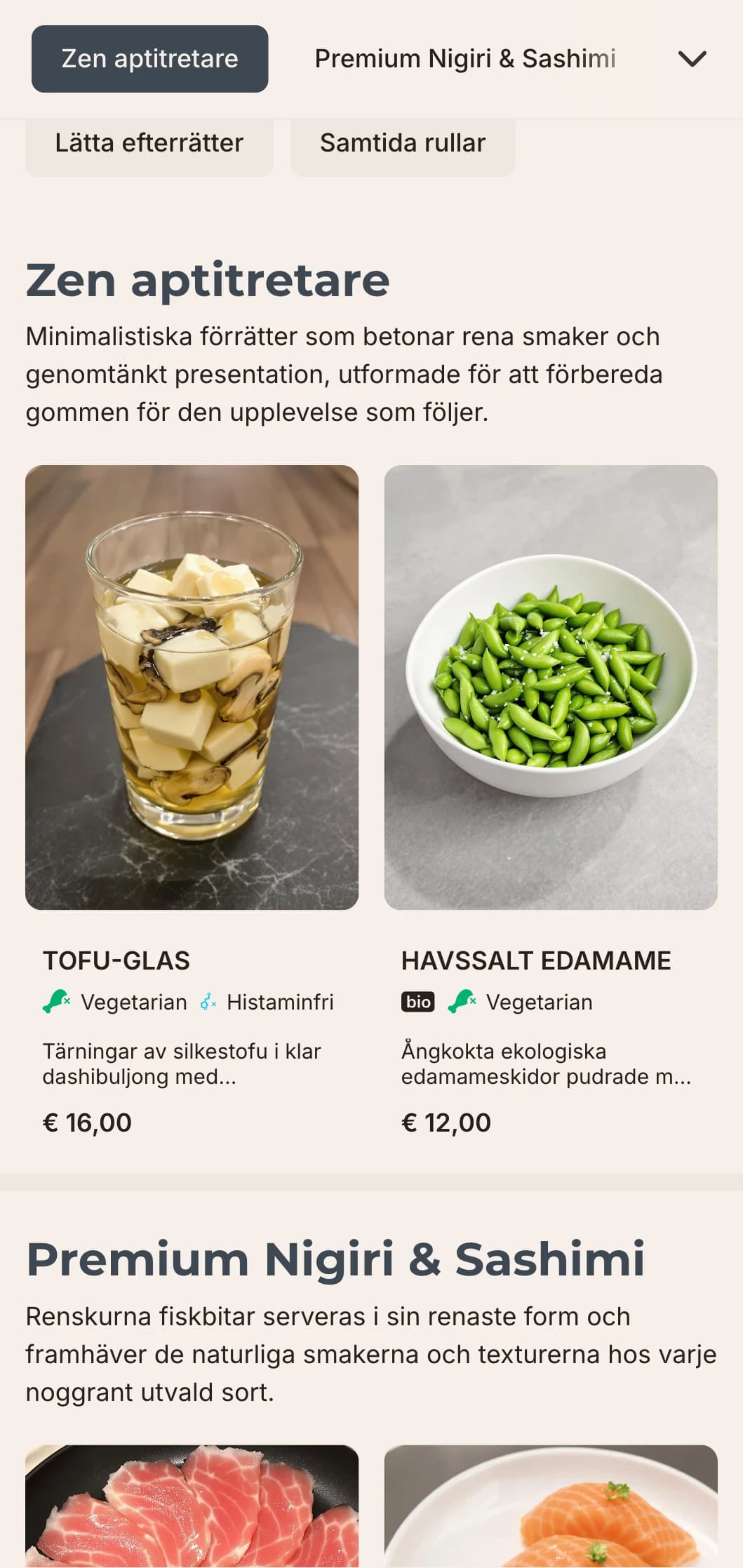 Ren, modern sushimenydesign med minimalistisk estetik, perfekt för exklusiva japanska restauranger som fokuserar på enkelhet och kvalitet.