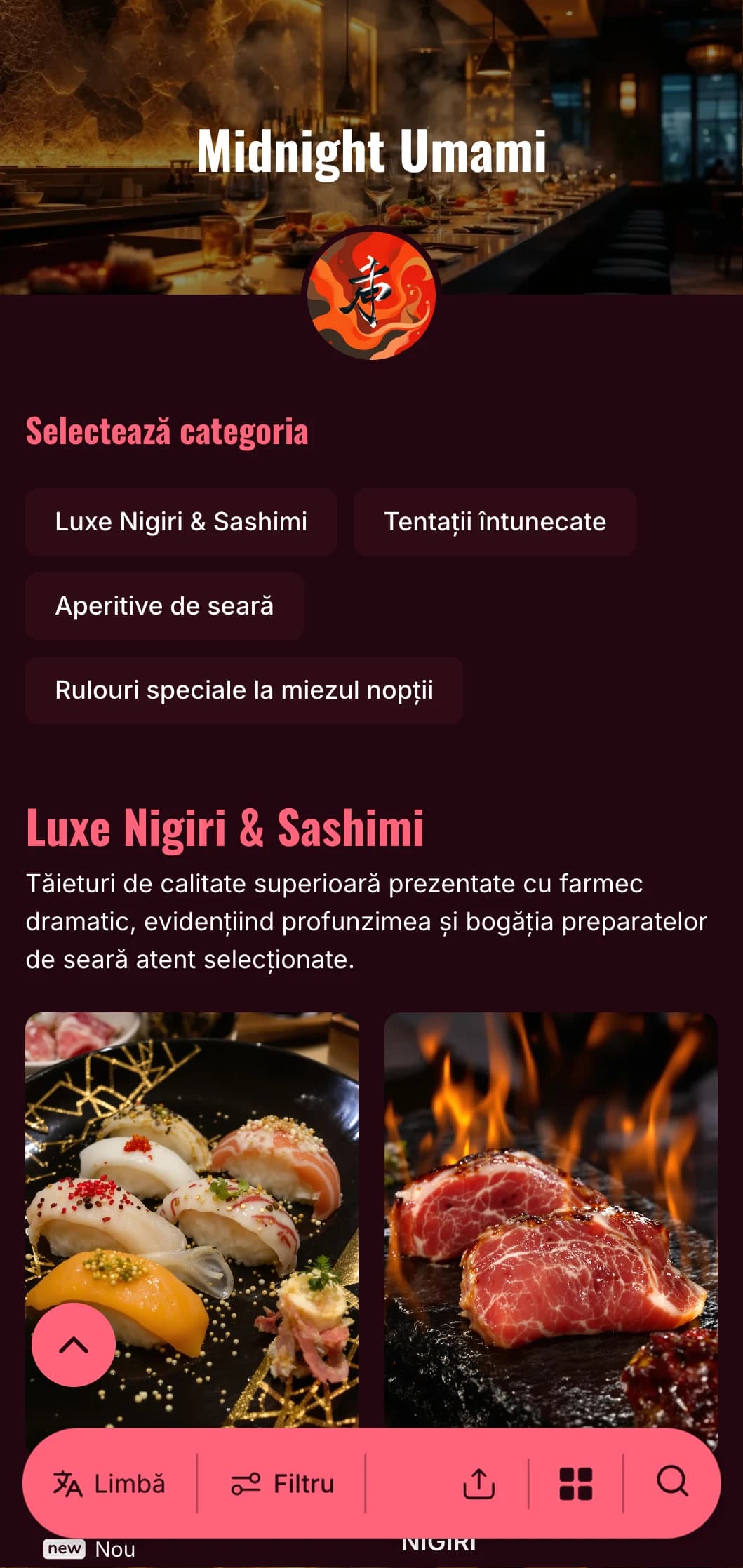 Experiență luxoasă de sushi târziu în noapte, cu contraste îndrăznețe, cu burgundy bogat și accente luminoase pe un fundal adânc.