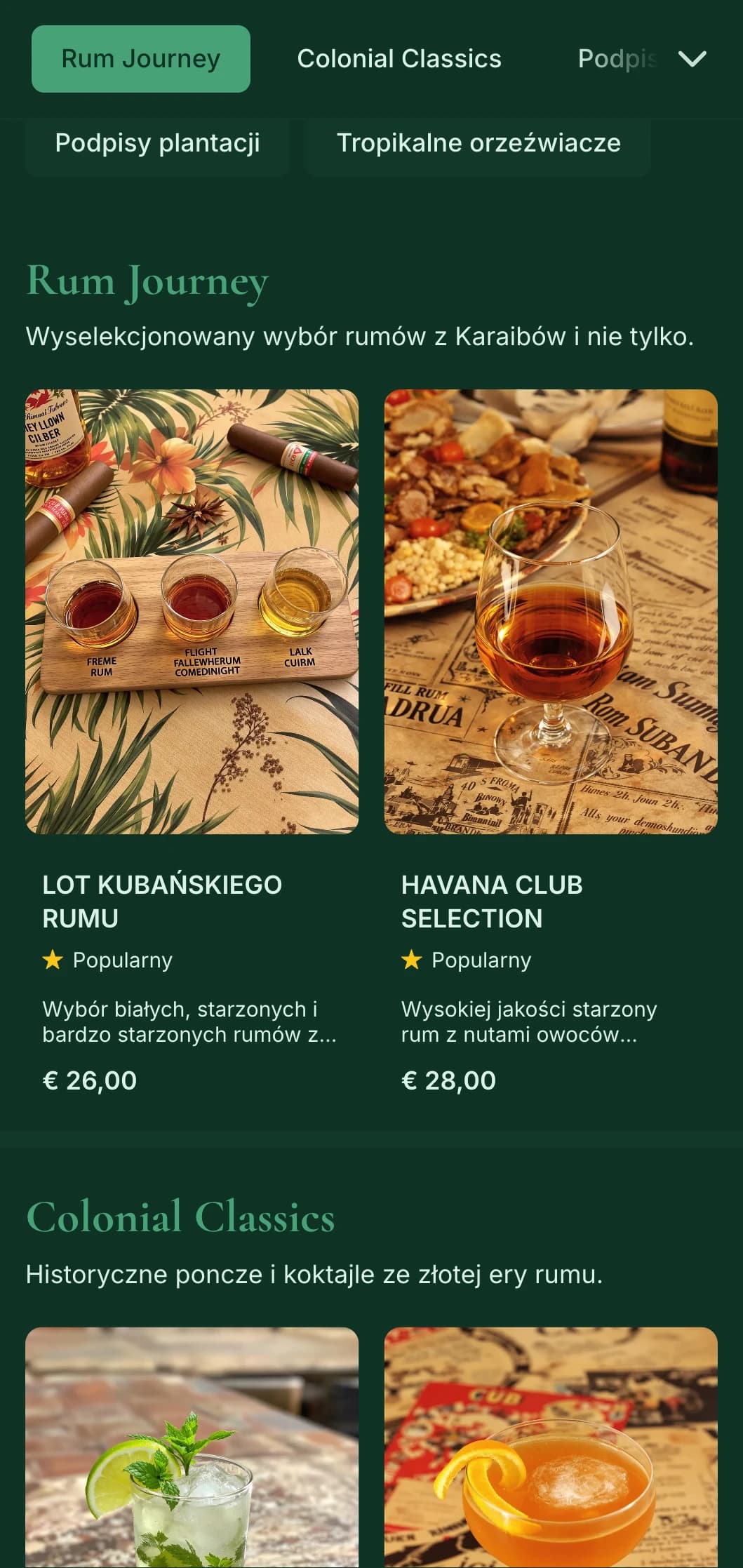 Bogaty zielony design z historycznymi karaibskimi elementami dla barów koncentrujących się na rumie.