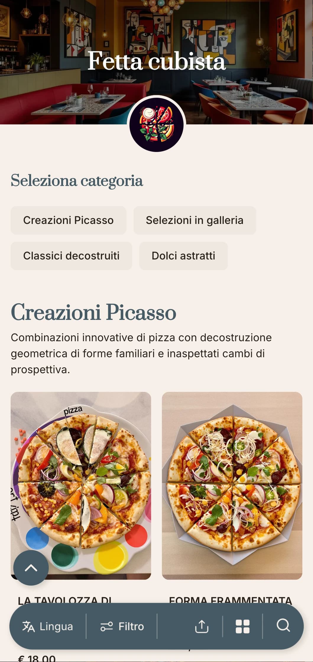 Menu pizza ispirato a Picasso con elementi geometrici astratti e layout artistico.