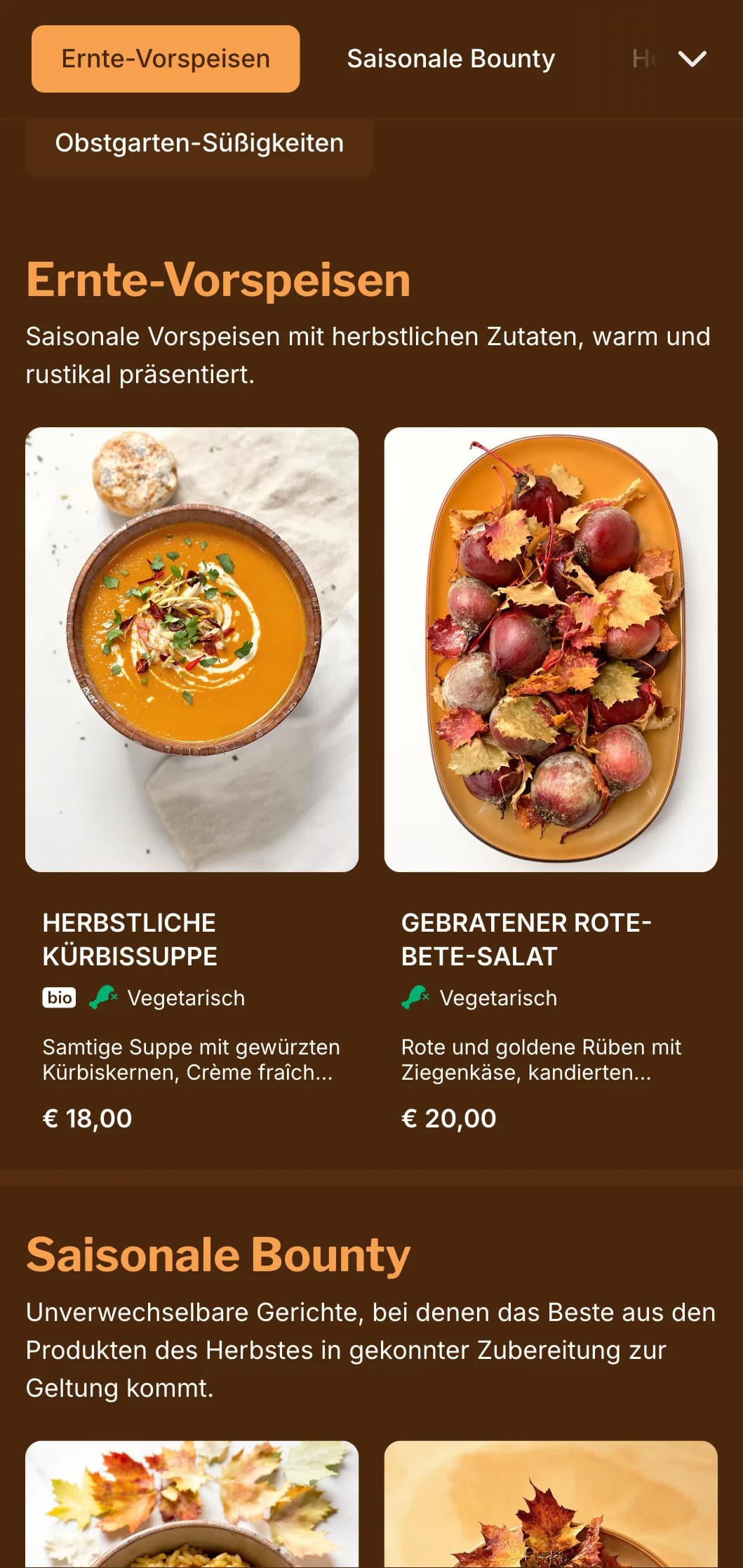 Ein warmes, herbstlich inspiriertes Abendmenü mit satten Bernsteintönen, ideal für saisonale Gerichte und Restaurants, die sich auf die Ernte konzentrieren.