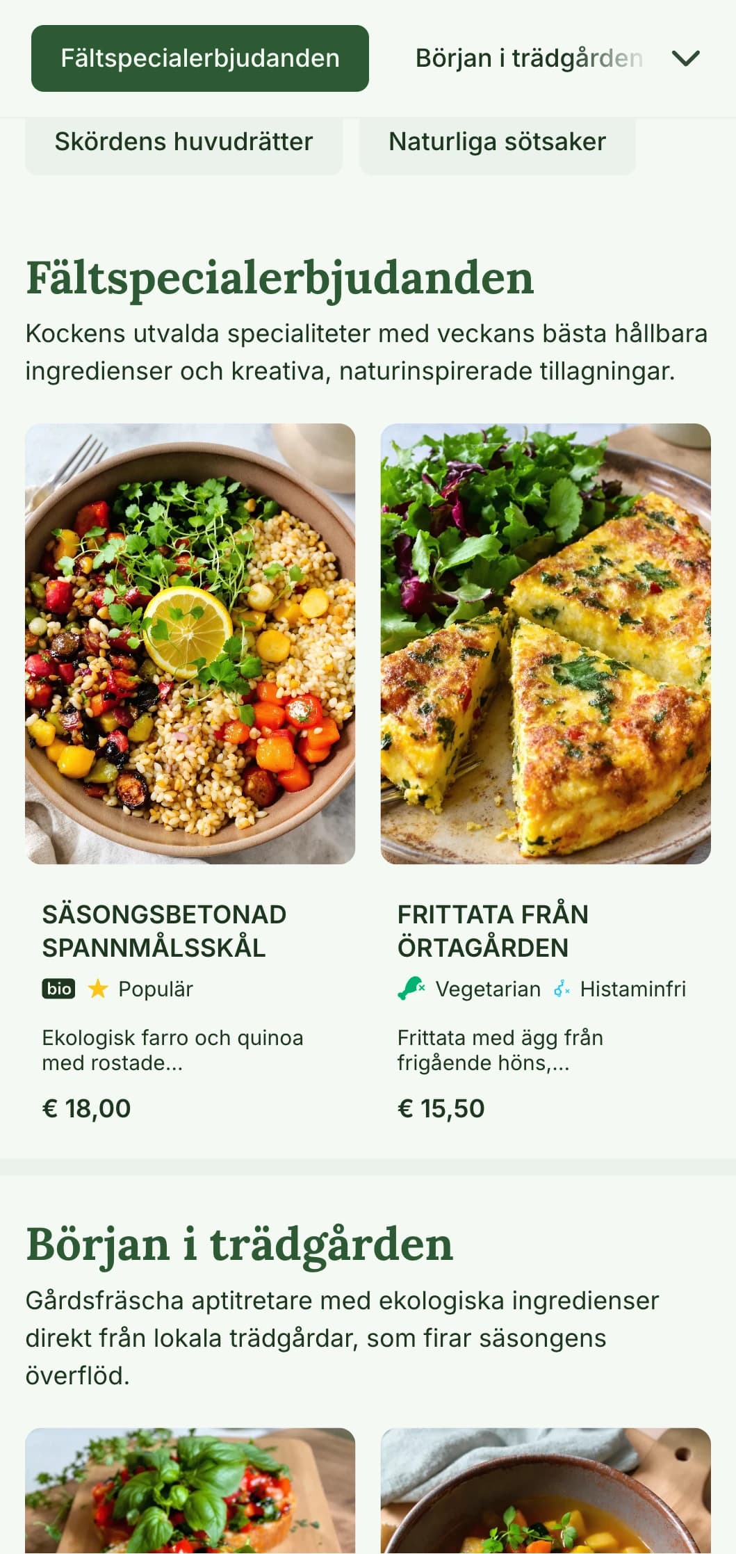 Fräsch, naturinspirerad lunchmeny med säsongsbetonade ingredienser och erbjudanden från gård till bord, perfekt för kaféer och restauranger med fokus på hälsosamma, ekologiska middagsmåltider.