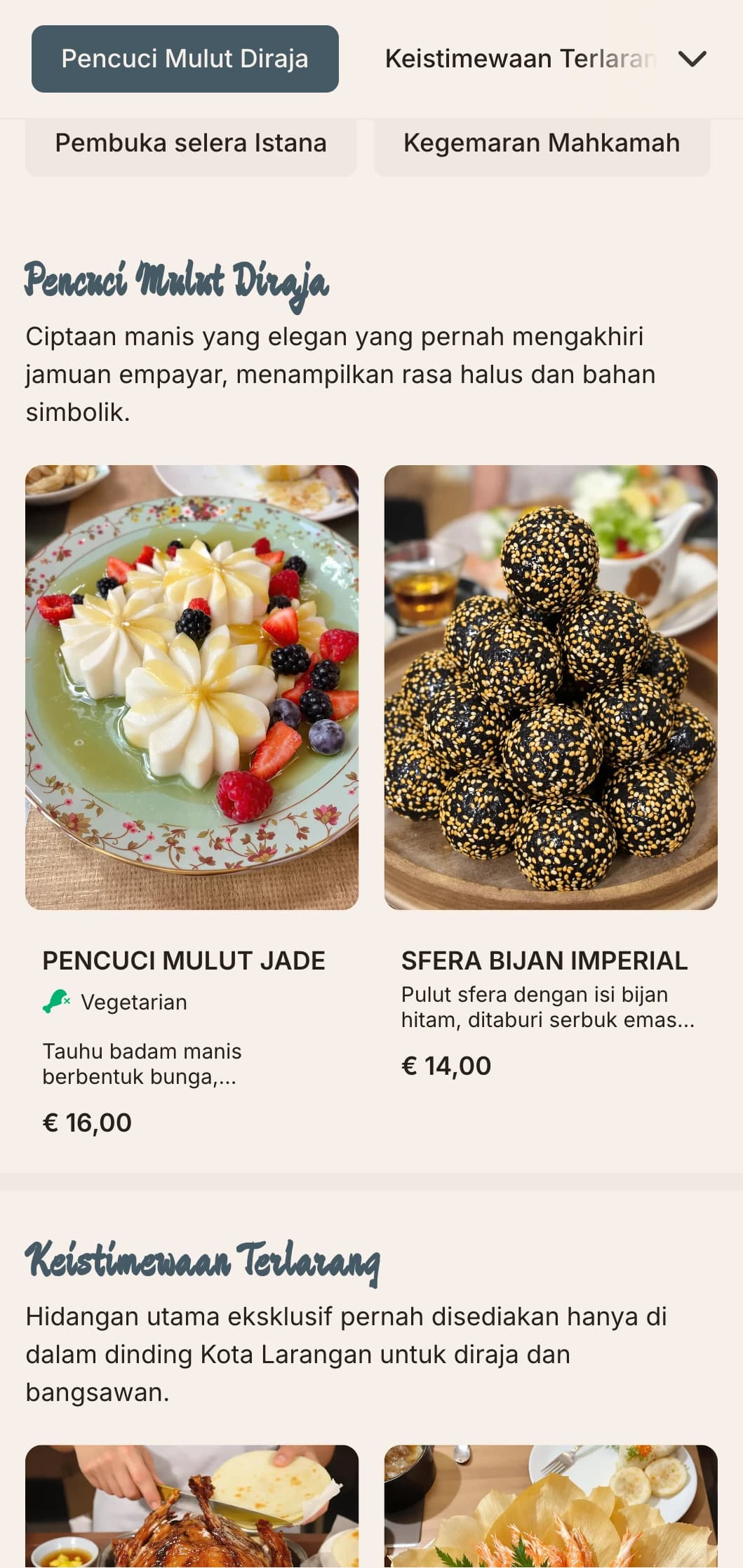 Reka bentuk menu Cina yang canggih yang diilhamkan oleh seni bina Kota Larangan Beijing, dengan motif imperial untuk pengalaman menjamu selera.
