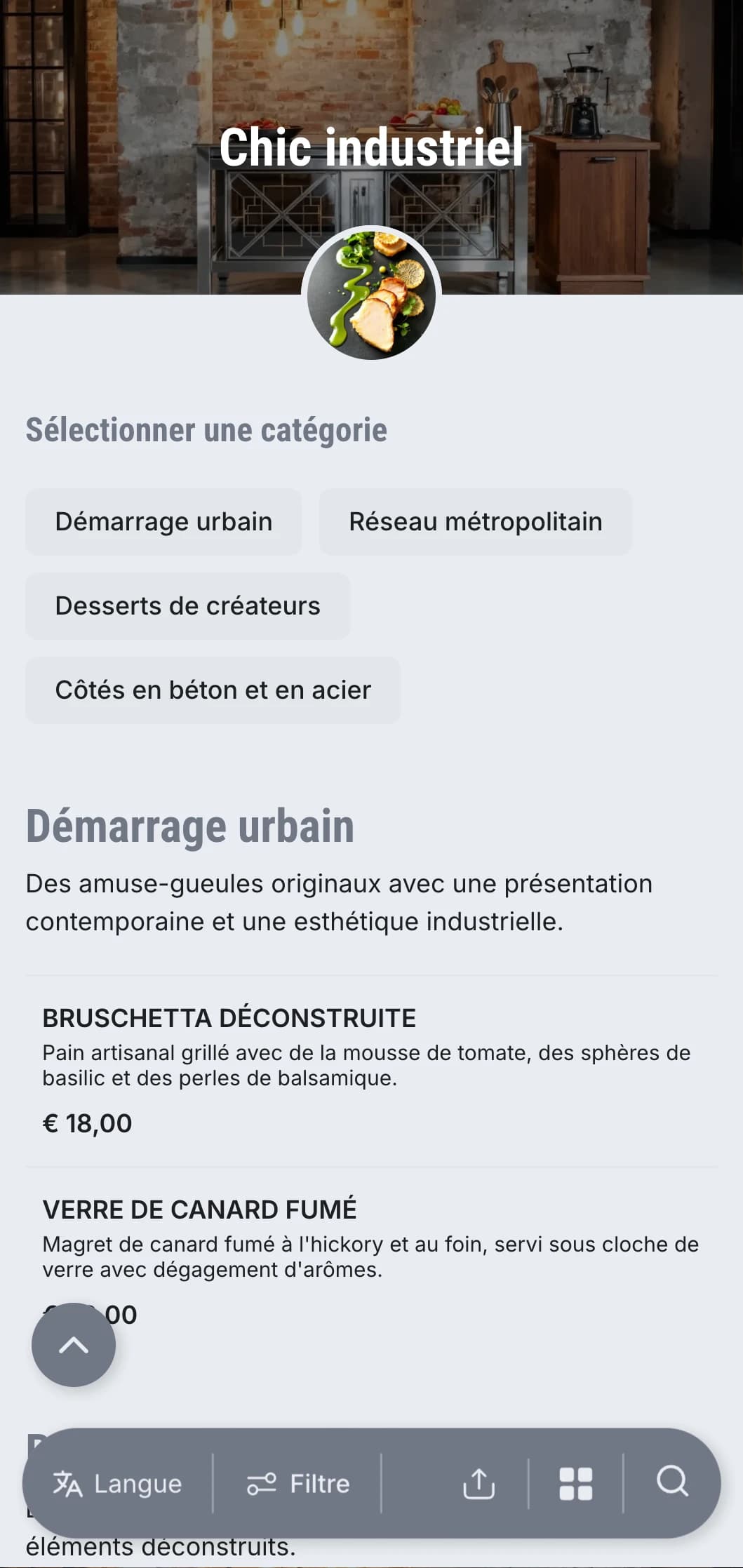 Présentation de restauration brute et énergique avec une esthétique urbaine moderne, des éléments métalliques et des textures en béton pour des événements dans des entrepôts et des ouvertures de galeries.