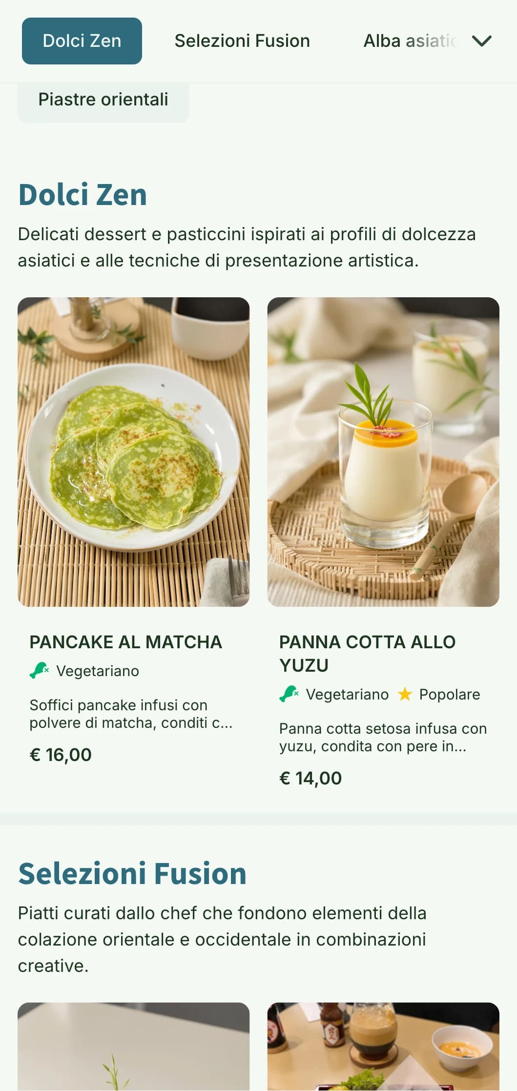 Modello di brunch di ispirazione asiatica con elementi naturali, perfetto per i caffè fusion e i locali asiatici contemporanei per la colazione.