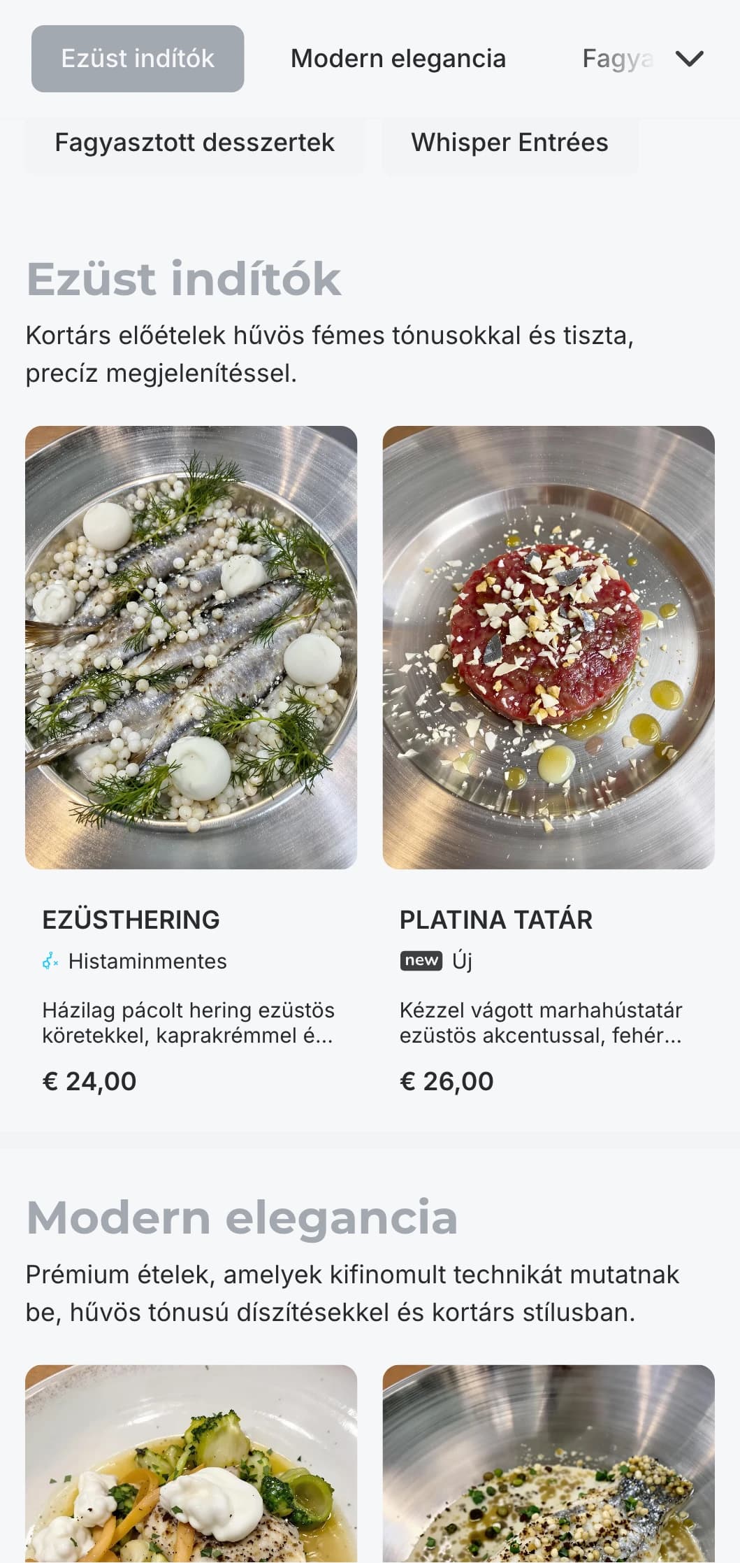 Kifinomult modern koncepció hűvös ezüst tónusokkal és finom luxuselemekkel a visszafogottan elegáns élményért.