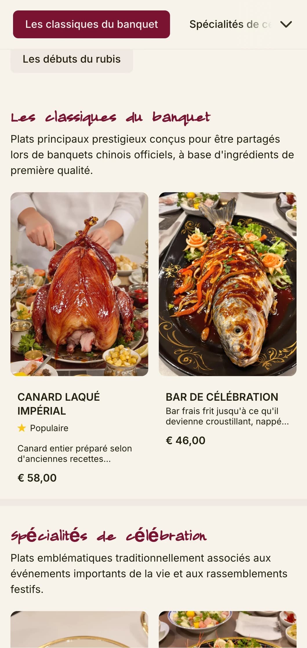 Menu chinois luxueux inspiré des banquets impériaux, avec des accents de rubis pour une cuisine de fête et de célébration.