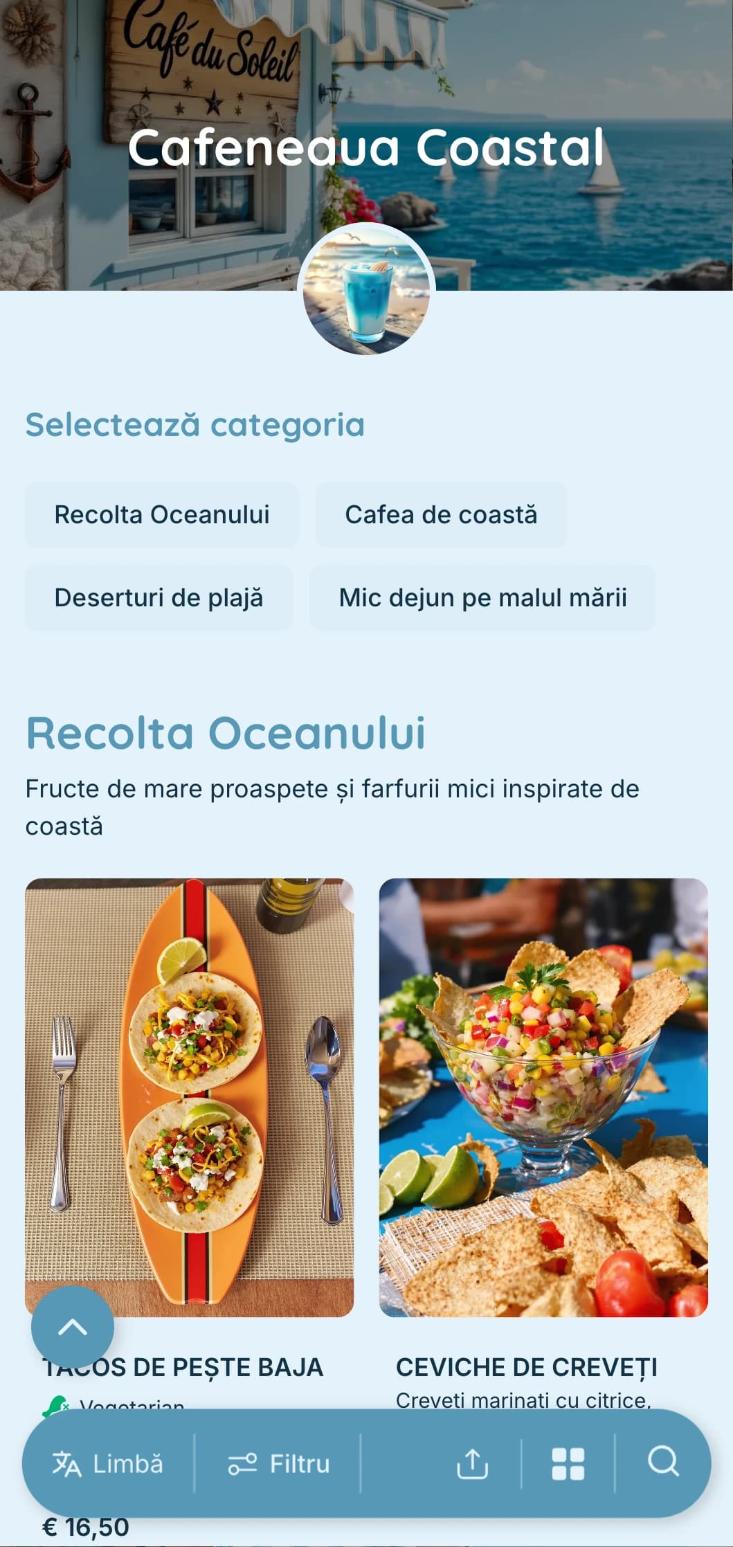Design albastru aerisit cu elemente de coastă pentru cafenele pe malul mării și cafenele pe plajă.