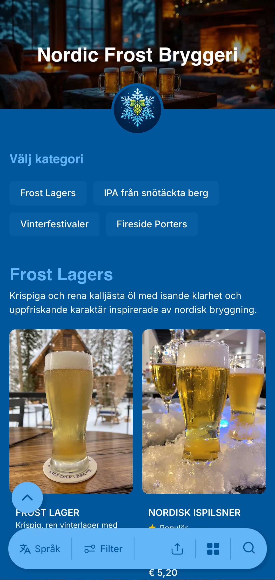 Cool och krispig design med vintertema med isiga blå toner och snöflingor, perfekt för säsongsbetonade ölmenyer.