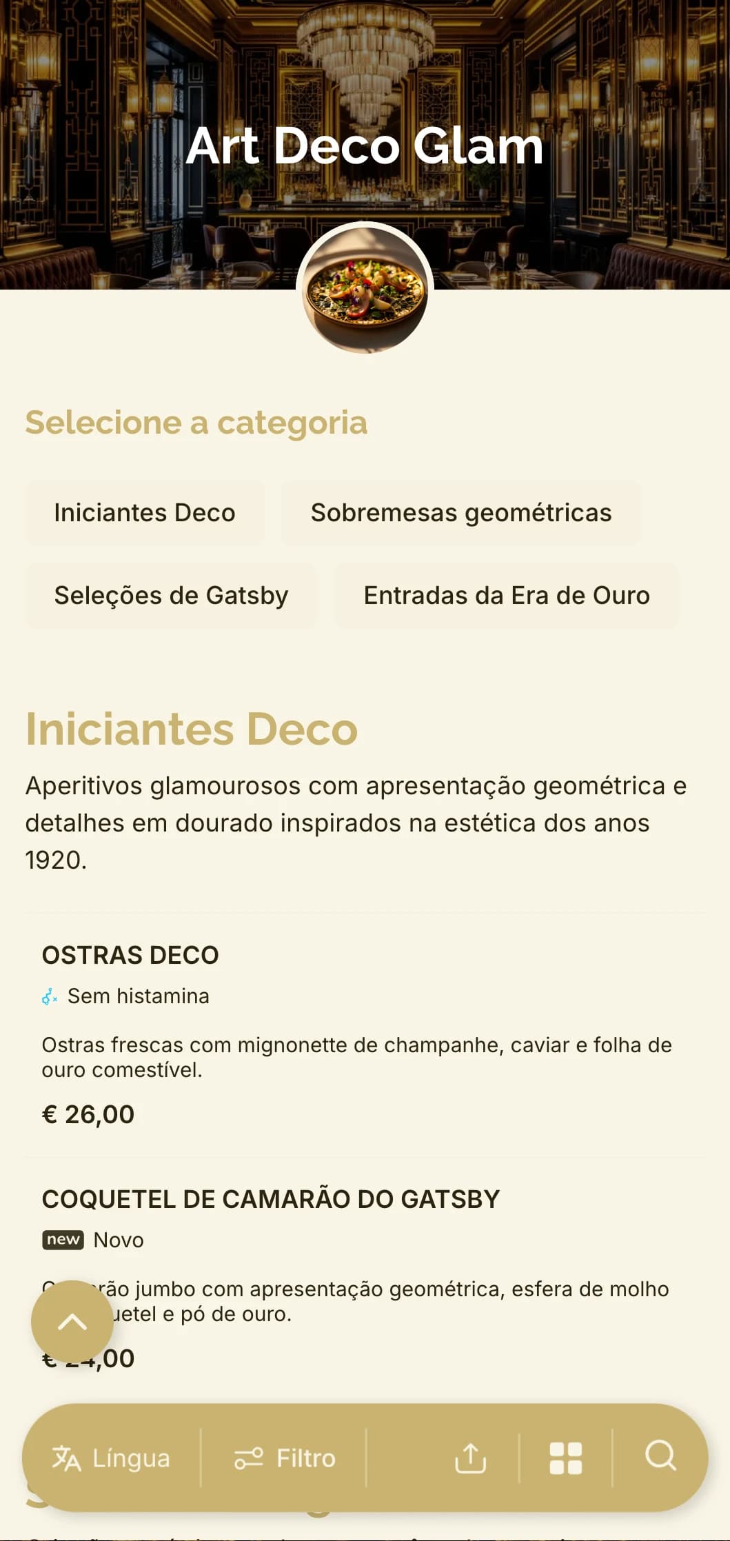 Design glamouroso inspirado na década de 1920 com padrões geométricos e detalhes dourados para uma experiência gastronômica atemporal e contemporânea.